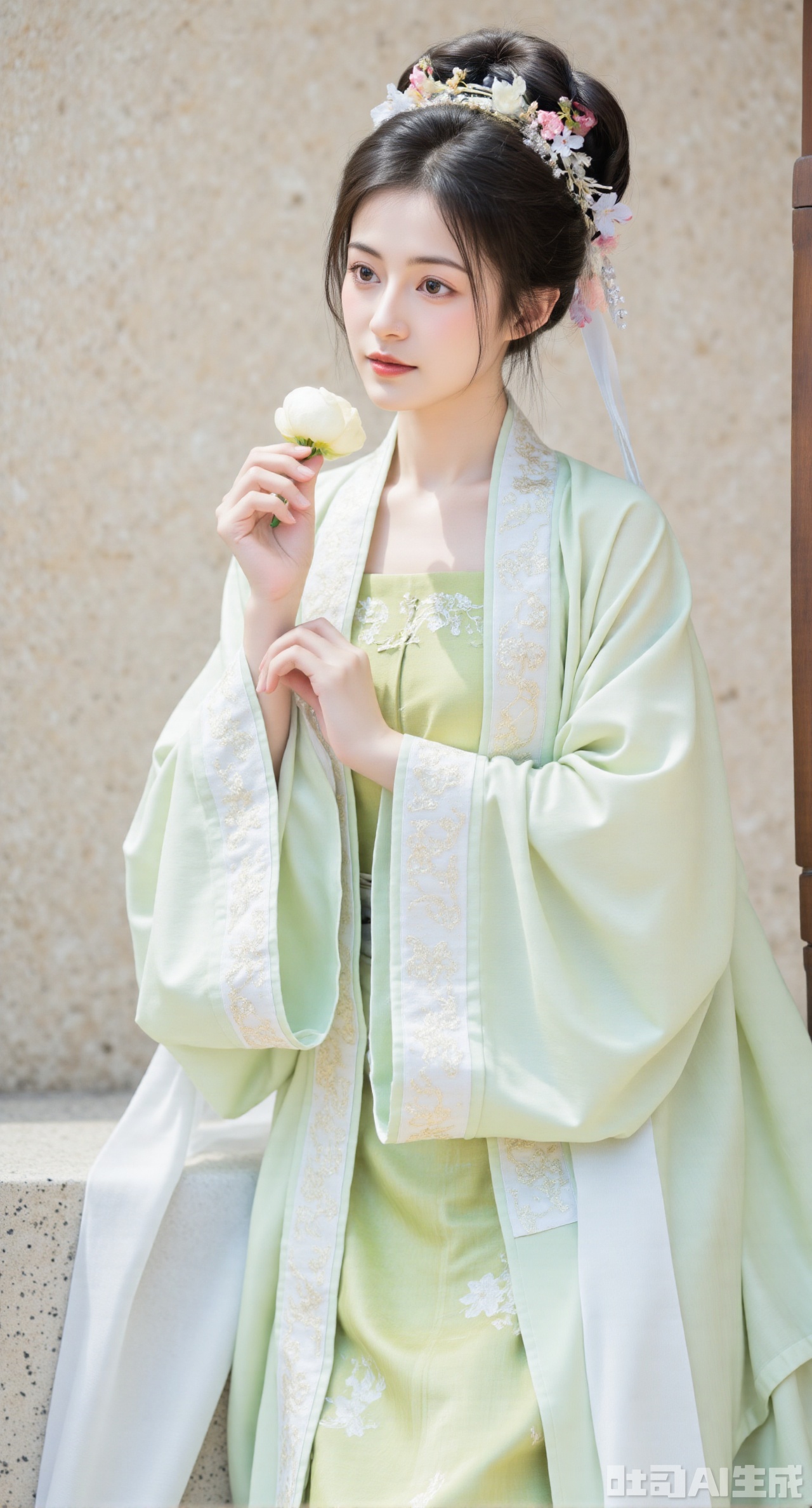 masterpiece,qingyi,danya,1girl,black hair,hanfu,(flower:1.5),realistic,hair ornament,chinese clothes,(light green dress:1.39),black eyes,long sleeves,holding,holding flower,,hanfu, longfeihanfu,looking at viewer,(big breasts:1.89)(huge breasts:2.99),(full breasts:2.99),,X,Xhanfududou,Xsongzhihanfu