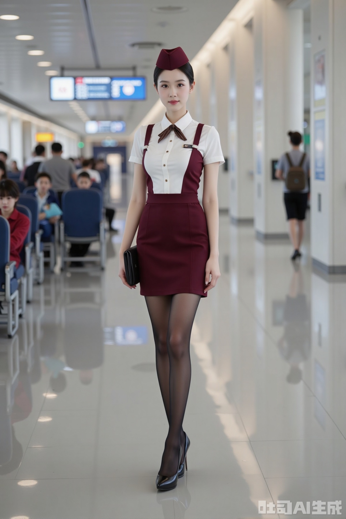 Realistic photo of a young woman with bun, fair skin, big breast, stewardess hat, stewardess top, short pencil skirt, pantyhose, long legs, high heels, full body, airport,