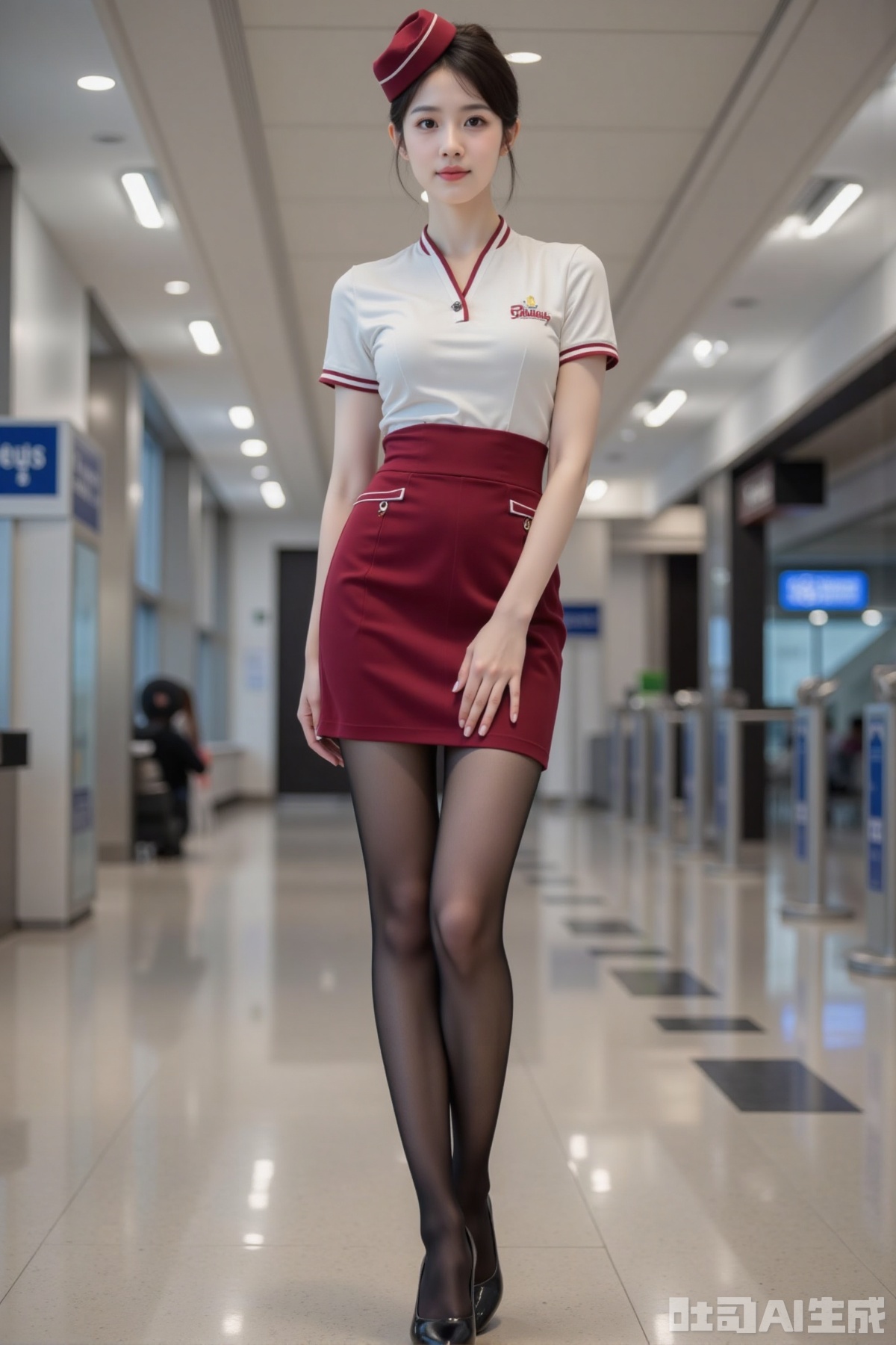 Realistic photo of a young woman with bun, fair skin, big breast, stewardess hat, stewardess top, short pencil skirt, pantyhose, long legs, high heels, full body, airport,