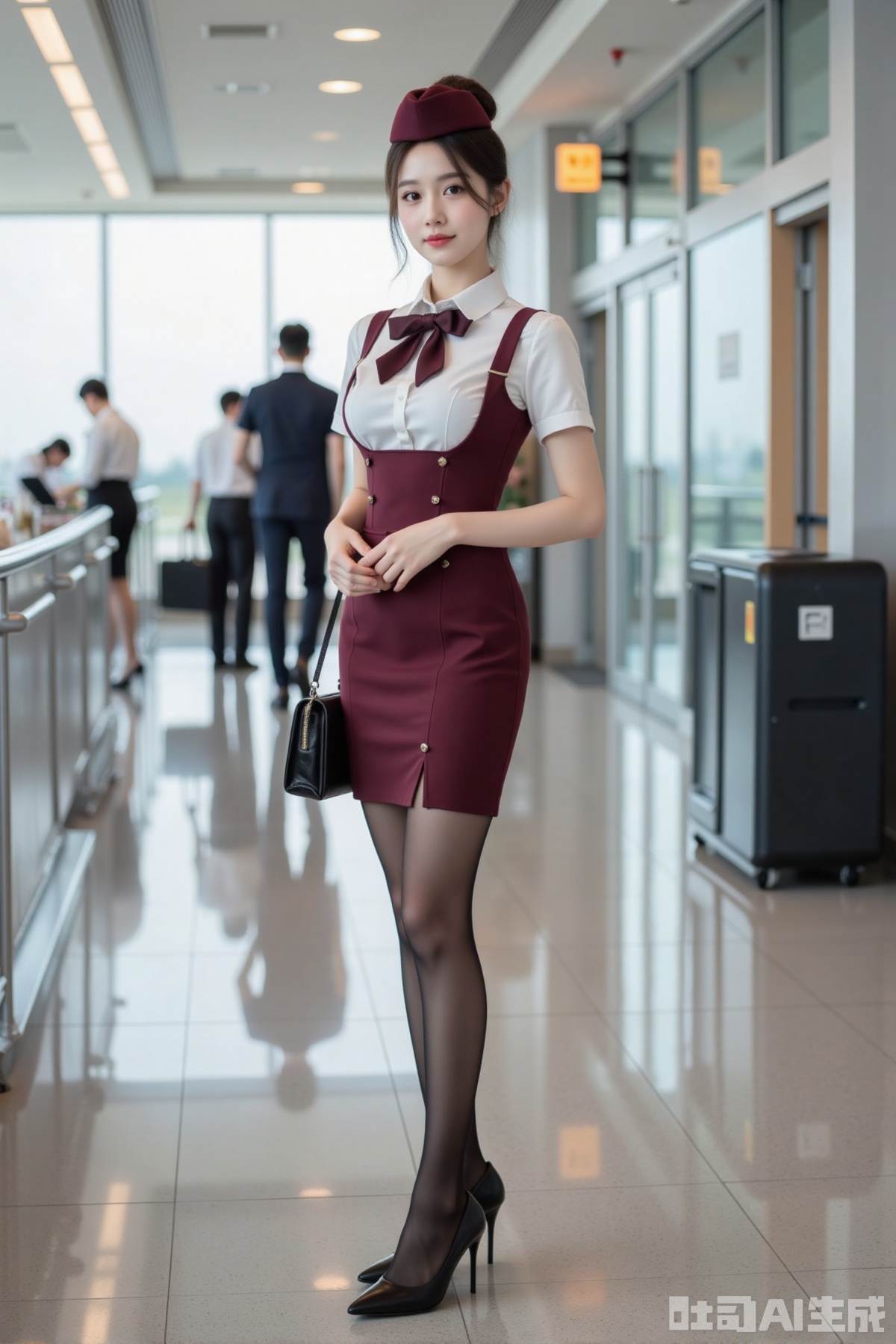 Realistic photo of a young woman with bun, fair skin, big breast, stewardess hat, stewardess top, short pencil skirt, pantyhose, long legs, high heels, full body, airport,