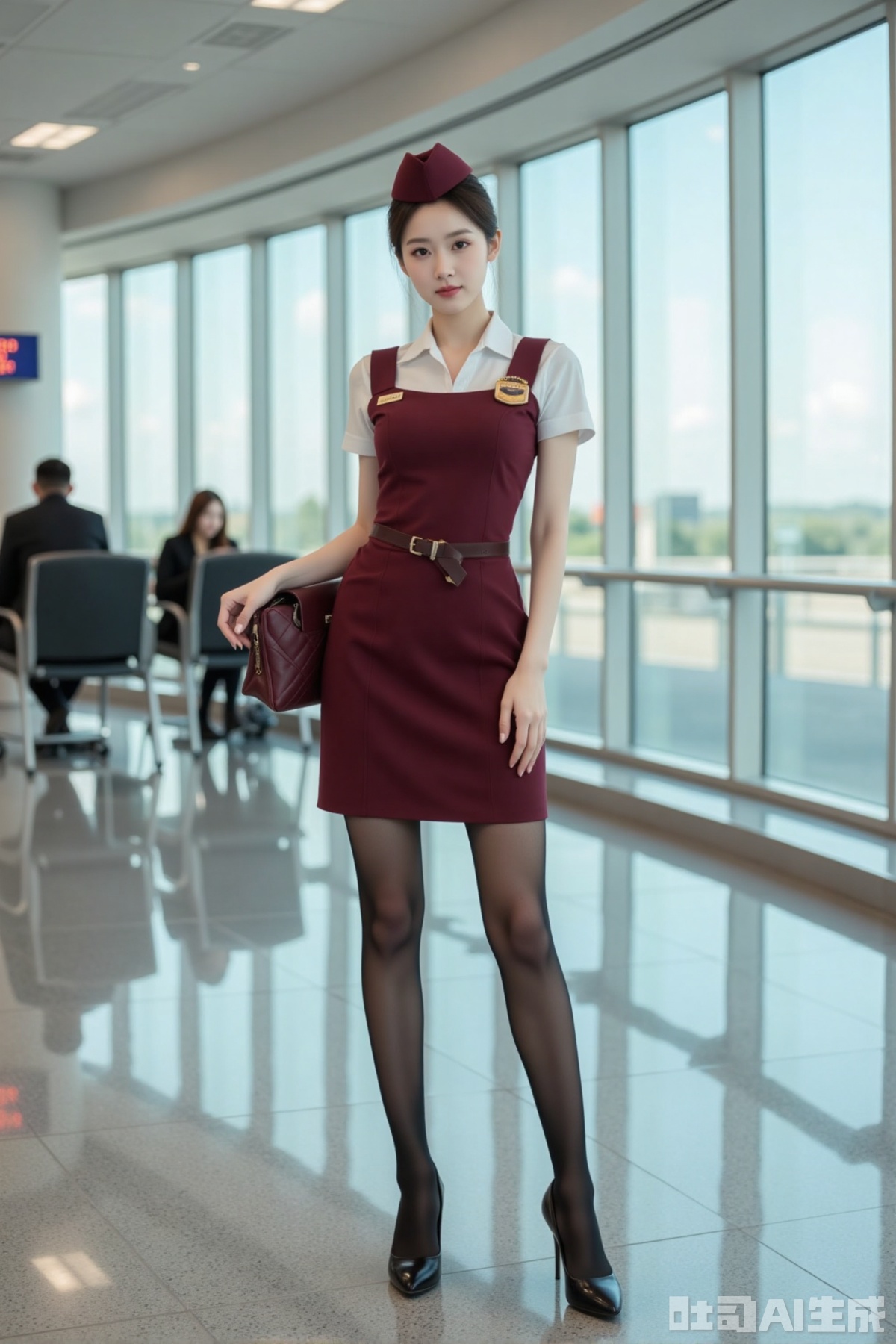 Realistic photo of a young woman with bun, fair skin, big breast, stewardess hat, stewardess top, short pencil skirt, pantyhose, long legs, high heels, full body, airport,