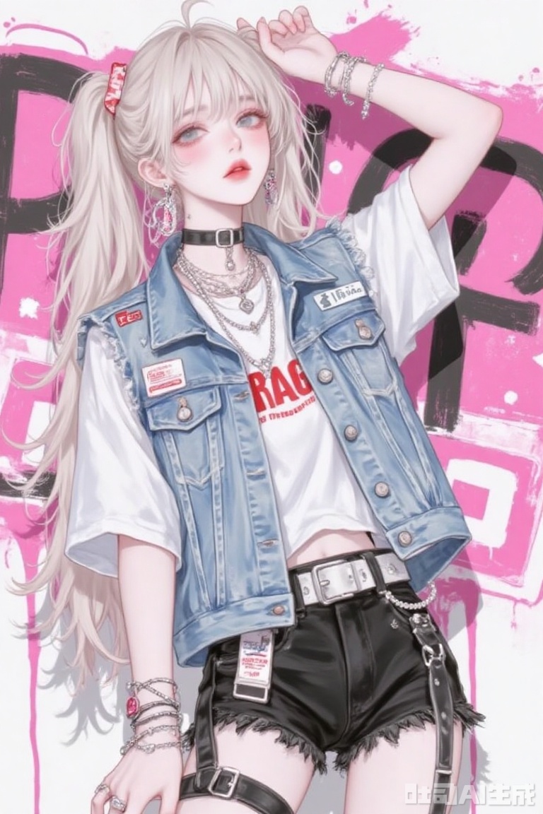 long light hair, pigtails, denim vest, white shirt, red text, black shorts, multiple accessories, bracelets, necklaces, earrings, vibrant background, pink graffiti
