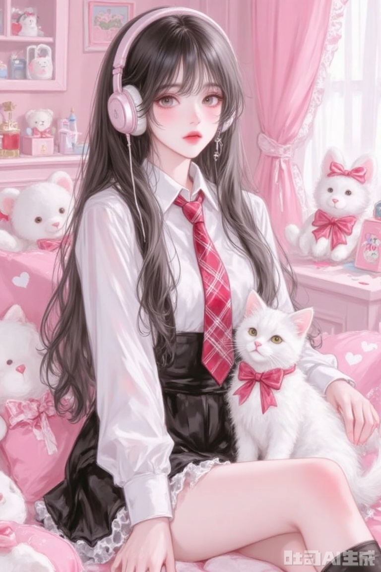 long, dark hair, wearing headphones, pink-themed room, white shirt, red plaid tie, black dress, white cat, pink bow, stuffed animals, decorations, cozy atmosphere, whimsical scene