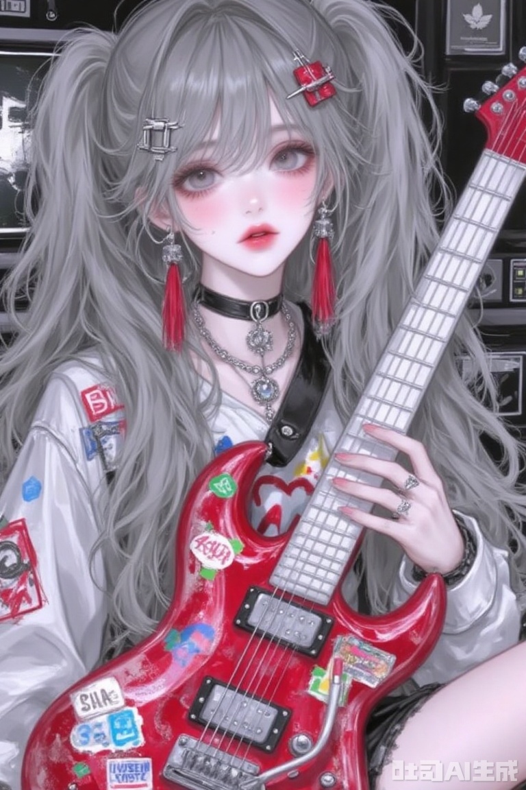 long, wavy gray hair, clips and tassels, vibrant red guitar, colorful stickers, computer monitor, abstract design