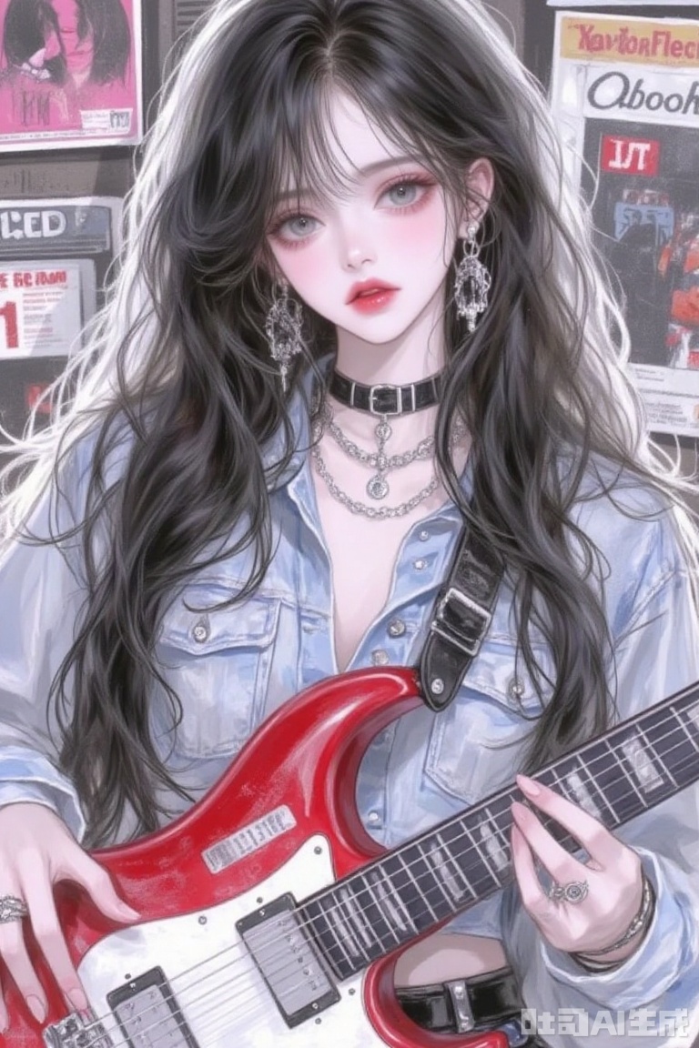 long wavy hair, playing guitar, choker necklace, multiple earrings, posters background, stickers included