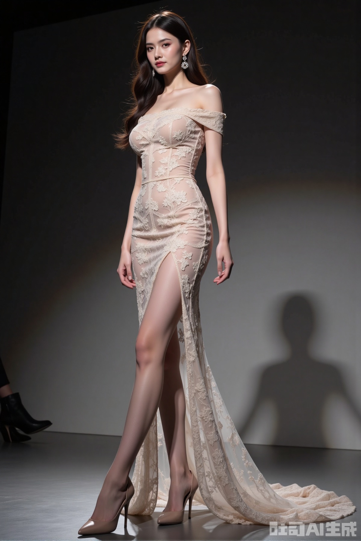 Realistic photo of a young woman, fashion hair, fair skin, big breasts, off-shoulder lace slit long dress, mesh pantyhose, long legs, high heels, full body, (fashion stage),