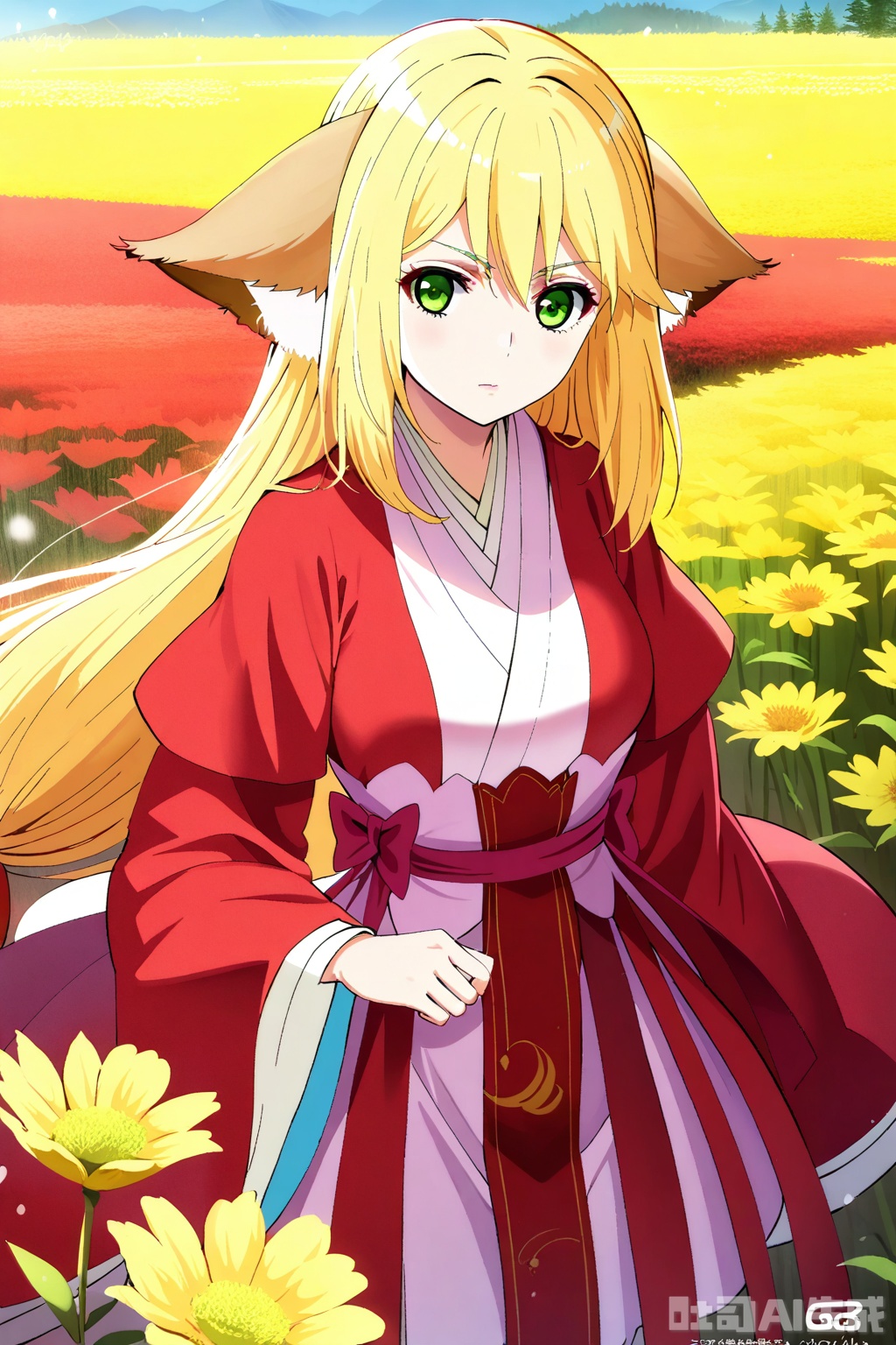 1girl, solo, long hair, breasts, looking at viewer, bangs, skirt, blonde hair, long sleeves, animal ears, hair between eyes, very long hair, closed mouth, green eyes, japanese clothes,wide sleeves, kimono, animal ear fluff, sash, fox ears, Red Kimono,Red Hanfu,masterpiece,best quality,official art,extremely detailed CG unity 8k wallpaper,upper body,looking at viewer,flower field,flower field,