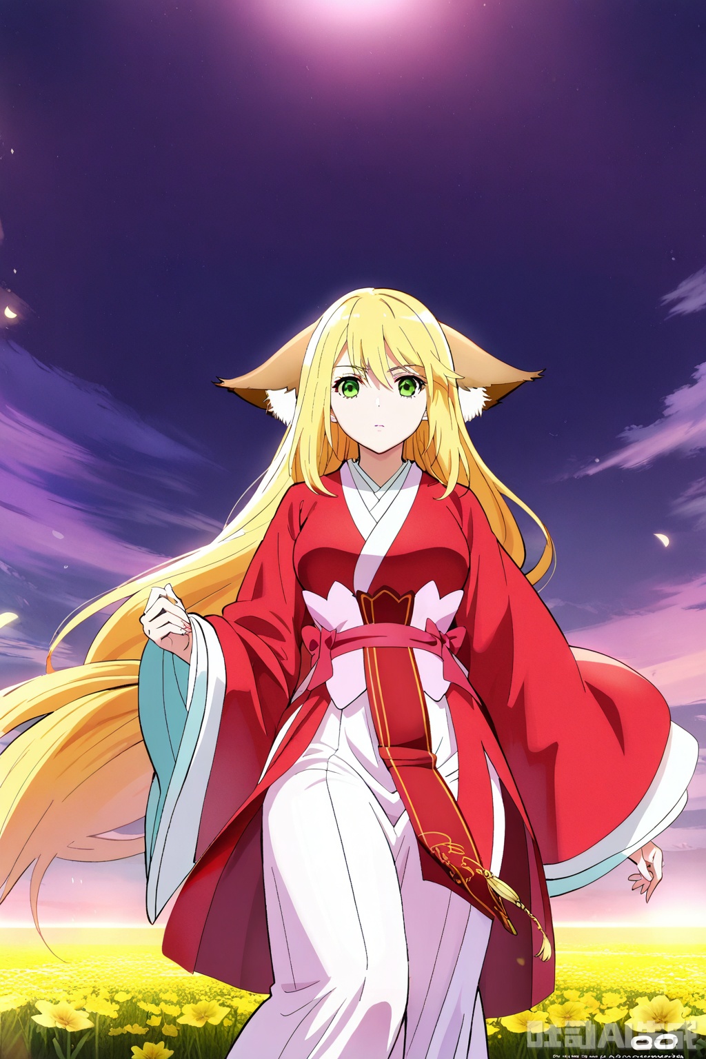 1girl, solo, long hair, breasts, looking at viewer, bangs, skirt, blonde hair, long sleeves, animal ears, hair between eyes, very long hair, closed mouth, green eyes, japanese clothes,wide sleeves, kimono, animal ear fluff, sash, fox ears, Red Kimono,Red Hanfu,masterpiece,best quality,official art,extremely detailed CG unity 8k wallpaper,upper body,looking at viewer,flower field,flower field,