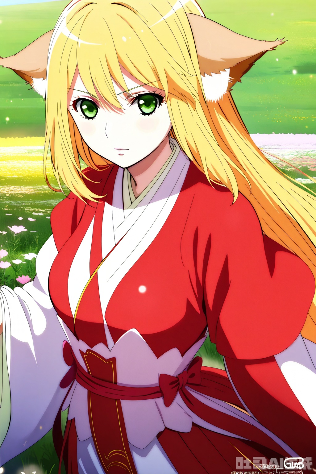 1girl, solo, long hair, breasts, looking at viewer, bangs, skirt, blonde hair, long sleeves, animal ears, hair between eyes, very long hair, closed mouth, green eyes, japanese clothes,wide sleeves, kimono, animal ear fluff, sash, fox ears, Red Kimono,Red Hanfu,masterpiece,best quality,official art,extremely detailed CG unity 8k wallpaper,upper body,looking at viewer,flower field,flower field,