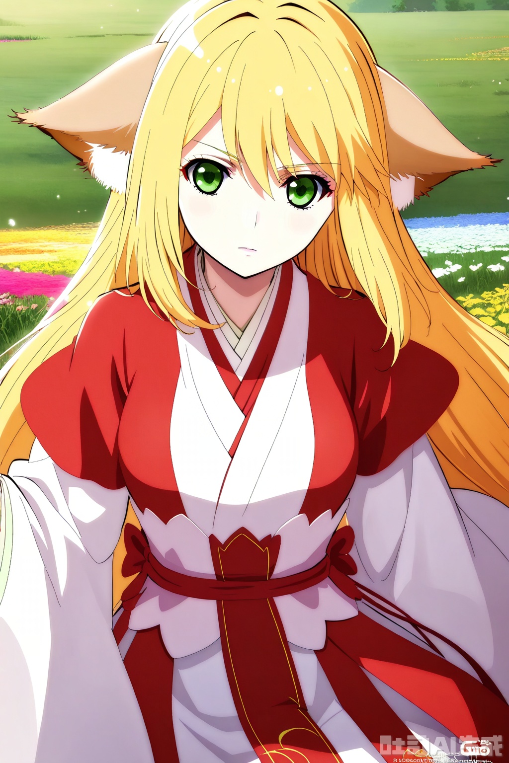 1girl, solo, long hair, breasts, looking at viewer, bangs, skirt, blonde hair, long sleeves, animal ears, hair between eyes, very long hair, closed mouth, green eyes, japanese clothes,wide sleeves, kimono, animal ear fluff, sash, fox ears, Red Kimono,Red Hanfu,masterpiece,best quality,official art,extremely detailed CG unity 8k wallpaper,upper body,looking at viewer,flower field,flower field,