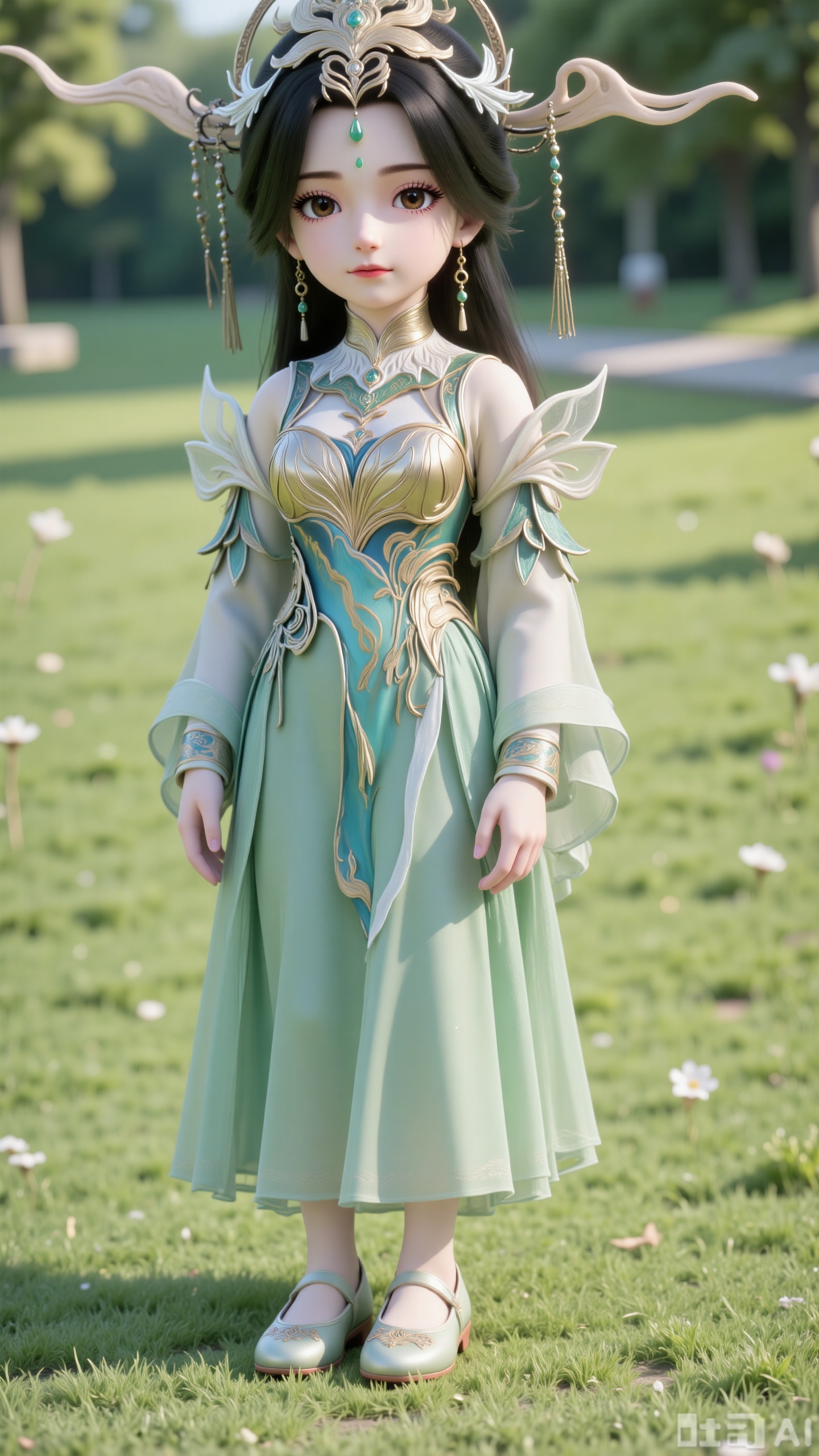 A little girl stands on the lawn, facing the audience. She has long black hair, and this is a frontal shot. She is small in stature, wearing hair accessories and a crown. She is dressed in a green gradient dress with gold and blue stripe decorations, featuring a wide-sleeve design and matching sleeve covers. There is a mark and a forehead ornament on her forehead. The lower part of the dress is a tulle skirt with a transparent texture, and the cuffs are detachable. The costume is adorned with exquisite embroidery, and she also wears earrings and a necklace. She has sky-blue eyes and is wearing light-colored flat embroidered shoes, standing on the ground with her hands hanging down. It is an outdoor setting with wildflowers, trees, and a park. There are light and shadow effects, filled with natural light.