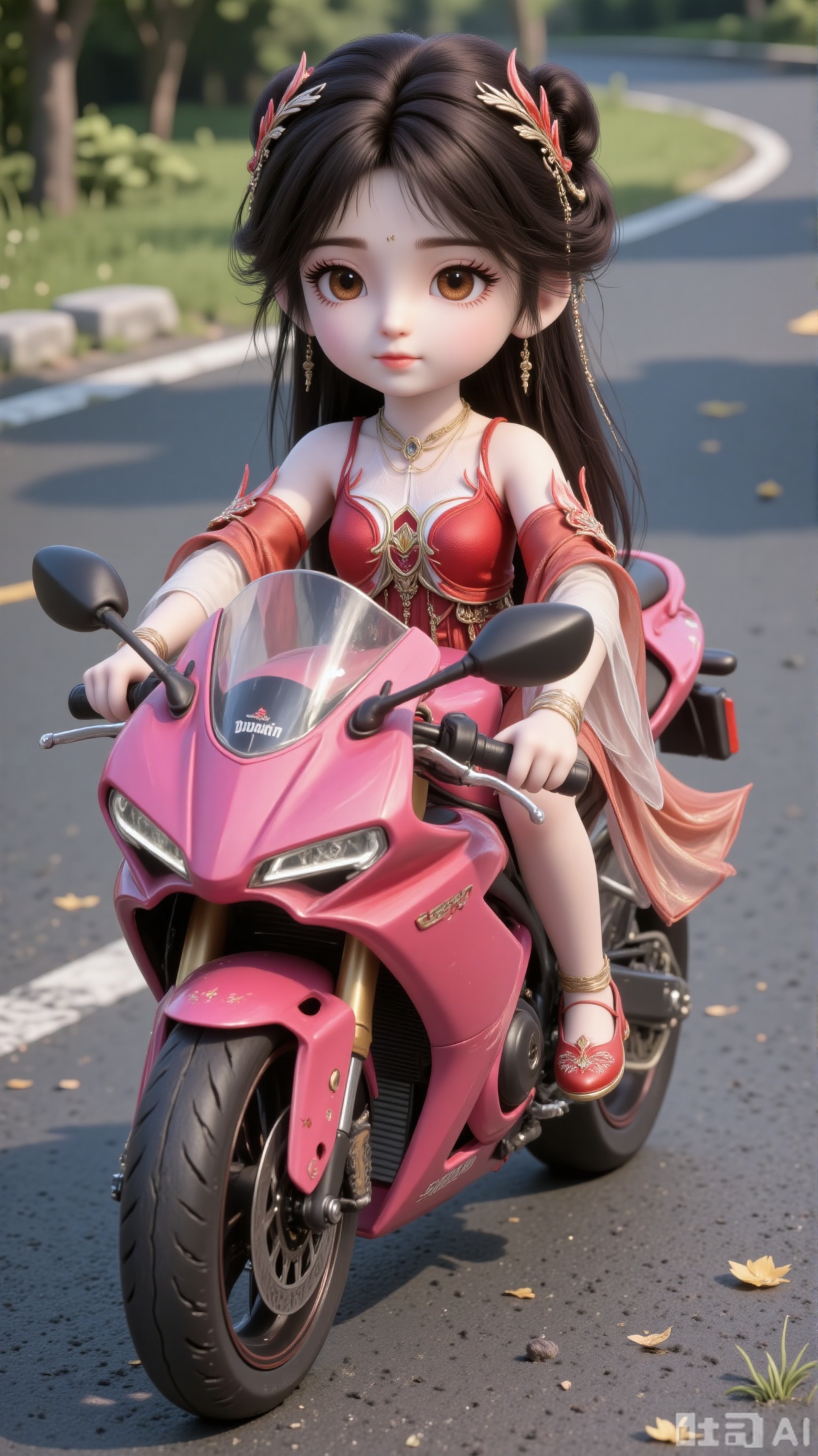 A little girl is riding a pink Ducati Panigale V2 motorcycle alone on the road. She has long black hair, wears hair accessories, and has a single hair bun. Her eyes are brown—delicate with long eyelashes.
 
She is wearing an off-the-shoulder red gradient dress with wide, detachable sleeves, and flat embroidered shoes. She also has a necklace, bracelets, and earrings on, with smooth and radiant skin.
 
The scene uses cinematic lighting and volumetric light, focusing on the lonely figure. Set on an outdoor street, it is filled with natural light and rich light and shadow effects.
