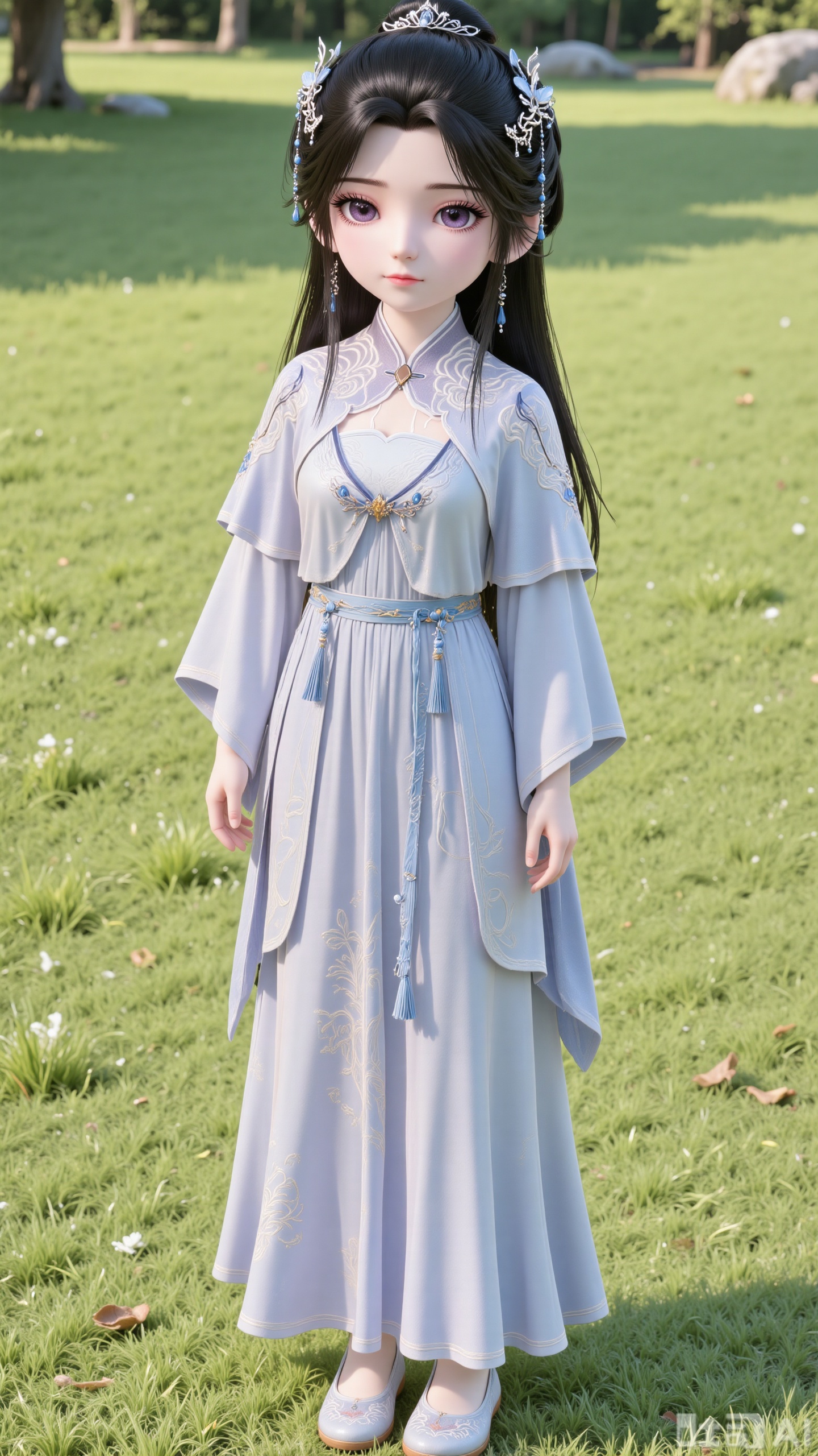 A front-facing photo of a girl standing on a lawn with her hands hanging naturally. She is alone, with long black hair, looking directly at the viewer. She wears hair ornaments and a hair crown, and clothes with wide sleeves. She has sky-blue eyes, and is adorned with jewelry and earrings. She is dressed in a flowing long skirt (in white and blue) and a Chinese-style garment with patterns, and light blue flat embroidered shoes on her feet. The style is realistic, set outdoors with a lawn, weeds, and trees, featuring light and shadow effects and filled with natural light.