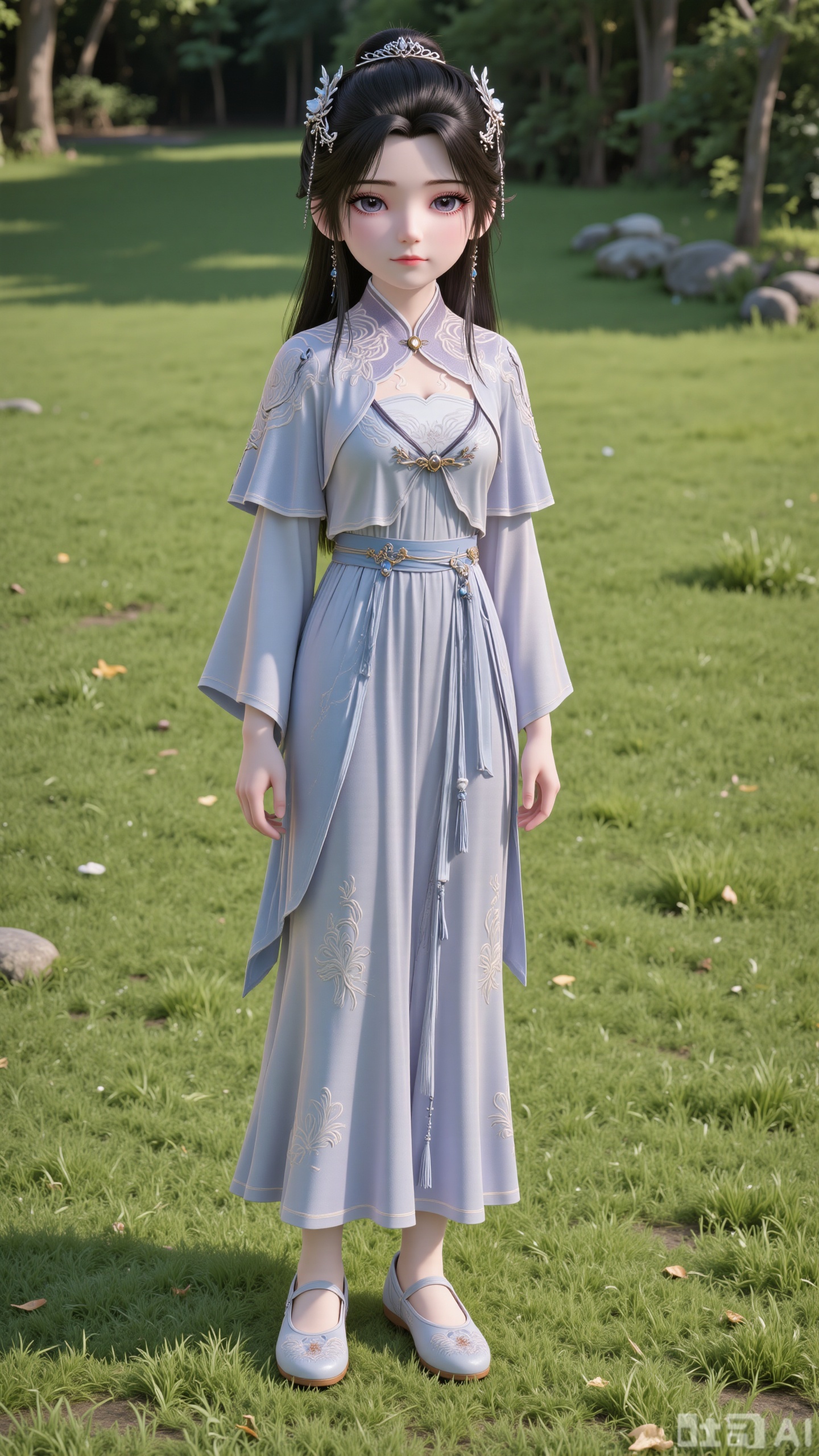 A front-facing photo of a girl standing on a lawn with her hands hanging naturally. She is alone, with long black hair, looking directly at the viewer. She wears hair ornaments and a hair crown, and clothes with wide sleeves. She has sky-blue eyes, and is adorned with jewelry and earrings. She is dressed in a flowing long skirt (in white and blue) and a Chinese-style garment with patterns, and light blue flat embroidered shoes on her feet. The style is realistic, set outdoors with a lawn, weeds, and trees, featuring light and shadow effects and filled with natural light.