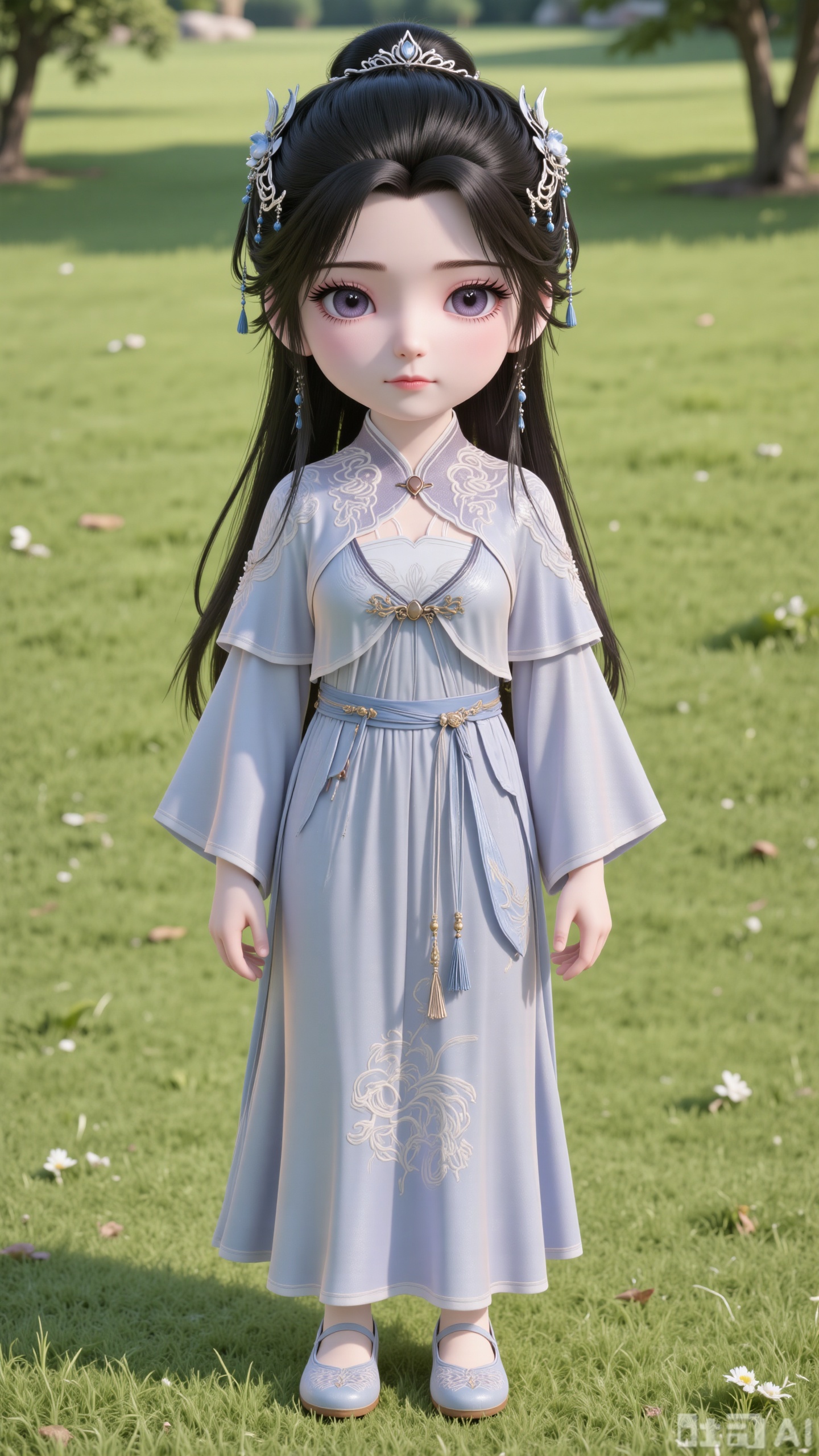 A front-facing photo of a girl standing on a lawn with her hands hanging naturally. She is alone, with long black hair, looking directly at the viewer. She wears hair ornaments and a hair crown, and clothes with wide sleeves. She has sky-blue eyes, and is adorned with jewelry and earrings. She is dressed in a flowing long skirt (in white and blue) and a Chinese-style garment with patterns, and light blue flat embroidered shoes on her feet. The style is realistic, set outdoors with a lawn, weeds, and trees, featuring light and shadow effects and filled with natural light.