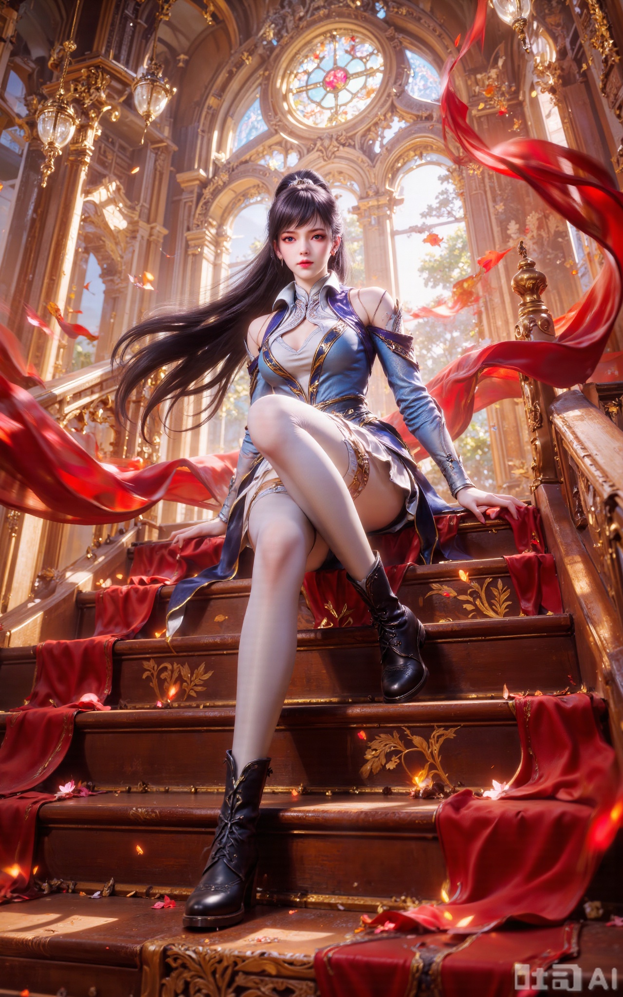 A girl, sitting alone in the heart of the European-style hall stairs, with a lazy and domineering posture (the legs overlap slightly with the body, one hand hanging naturally, and the other hand hanging on the handrail of the stairs, with a sharp aura. Her long black hair is smooth and smooth, with a high ponytail, showing a lightness); she is wearing a blue and white gradient embossed tights, and a white pleated skirt under her lower body, revealing her slender legs, paired with black leather high stockings and combat boots; red silk spreads like flames (the hanging steps are dynamic and natural, and the silk surface is delicate and smooth, Warm light scatters a red and gold gradient flowing light, dynamic and dynamic; the background is a European-style ornate palace - a stained glass window reveals a warm golden light (the particles of light fog scatter illuminate the dust, and the autumn trees outside the window are mottled), golden pillars are covered with relief (the warm gold reflects sharp light, and the delicate stone texture shows luxury), crystal chandeliers flow brightly (the warm light scatters a sacred atmosphere, and the light spots are suspended like stardust), and the wooden texture of the stairs has experienced vicissitudes (the red silk and war boots The reflection is clearly visible, and the ripples and soft light enhance the realism of the hallucination); special effects enhance the dynamic blur of the hair (enhanced airflow), the highlights of the relief of the battle suit (precisely outline the contours of the curly grass and dragon patterns), the dynamic blur of the red silk (floating like flames, the hazy light reveals the burning tension), the background light and shadow refraction (warm light intertwines with the beam of the stained glass window, showing luxury); the light and shadow use warm golden soft light to scatter ambient light (from light gold gradient to warm red to create the atmosphere of the flame hall ）+local highlights (precisely outline hair luster, metal relief, leather boot high heels, red silk streamers, architectural carving outlines, delicate and cool white skin); the overall color is mainly black, blue, and warm golden gradients, and the style is a fantasy and realistic CG. Through the interaction of light and shadow of matte leather, cold metal, red silk streamers, the vicissitudes of wooden steps, and the golden decoration of the luxurious hall, a sharp and gorgeous atmosphere is created, conveying the narrative tension of "the European-style hall shows the powerful aura of the irritable emperor sister". Shooting from the side and below, low angle lens, extremely low angle, blurred background, and ancient style filters.,tangya