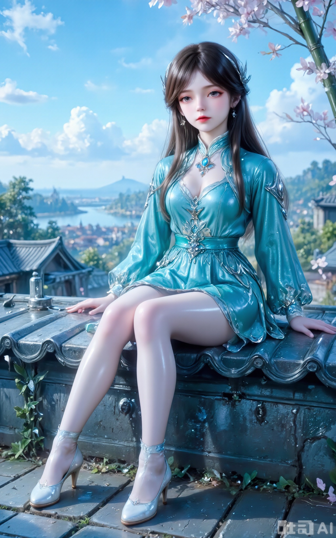 Girl, solo, long hair, brown hair, hair ornament, dress, blue jumpsuit, green dress, sitting on ancient tiled house, blue sky, clouds, water, bare legs, barefoot, bamboo, peach blossom