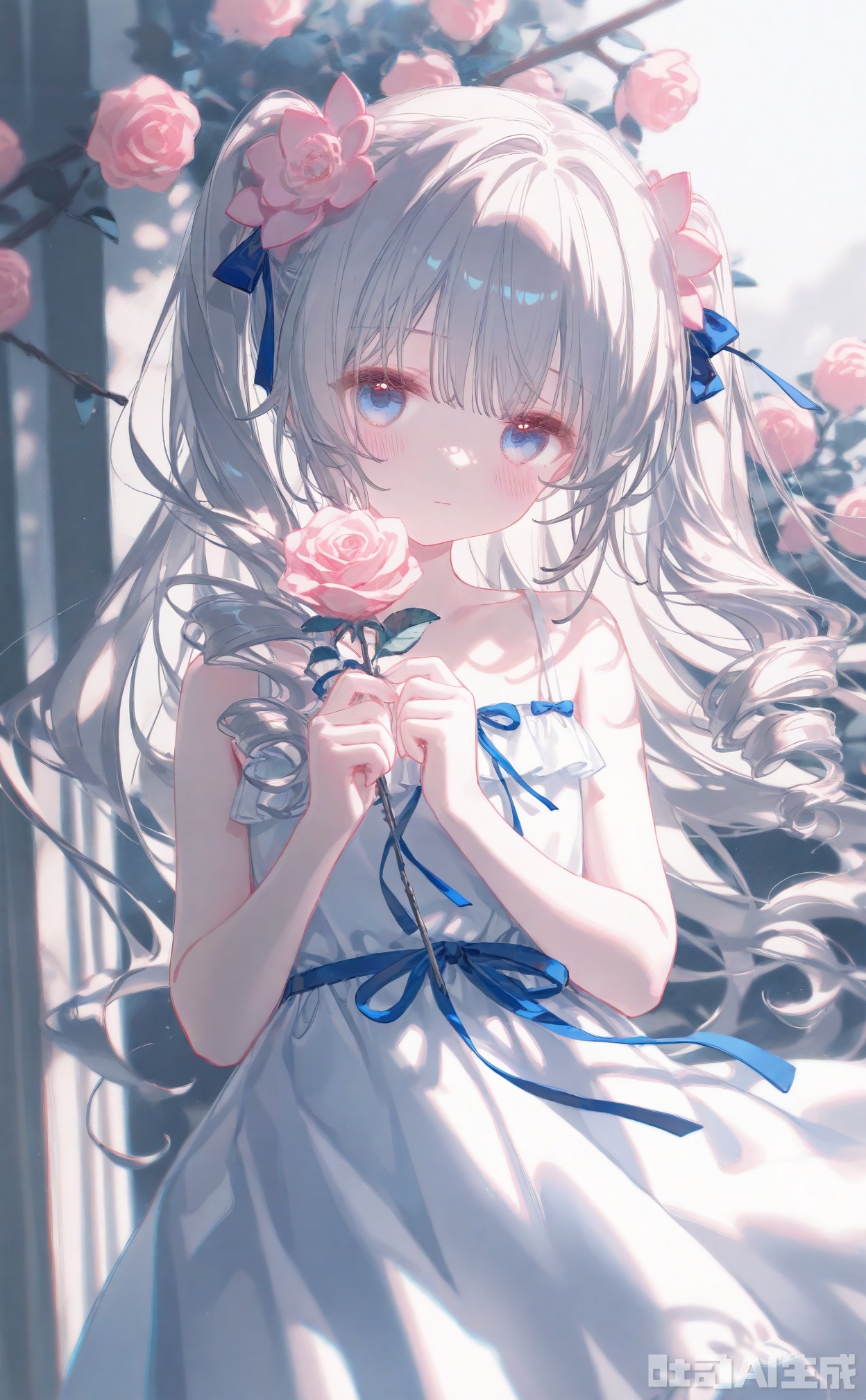 masterpiece,very aware,highres,absurdres,newest,best quality,loli,petite,high quality,chromatic_aberration,cinematic_angle,dutch angle, //,artist:ciloranko,artist:ningen_mame,artist:sho_(sho_lwlw),artist:rhasta,artist:wlop,artist:ke-ta,artist:hiten \(hitenkei\),//,1girl, solo, looking at viewer, bangs, blue eyes, hair ornament, dress, bow, ribbon, holding, bare shoulders, closed mouth, flower, hair bow, grey hair, hair flower, white dress, rose, drill hair, pink flower, branch, holding flower