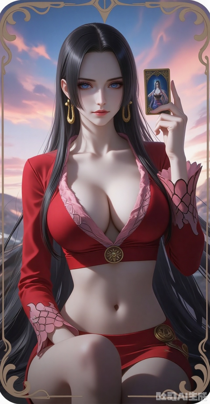 nvdi,
tarot, breasts, 1girl, long hair, earrings, jewelry, crop top, black hair, blue eyes, looking at viewer, navel, cleavage, midriff, collarbone, card \(medium\), boa hancock, tarot \(medium\), solo, large breasts, card, long sleeves, sitting, closed mouth, very long hair, holding, forehead, skirt, red skirt, stomach, red shirt, sky, shirt, holding card,14,
cover,simple background,gradient background,close-up details,outstanding style,adding a touch of dimension to your images without compromising details,close-up,lvjing
