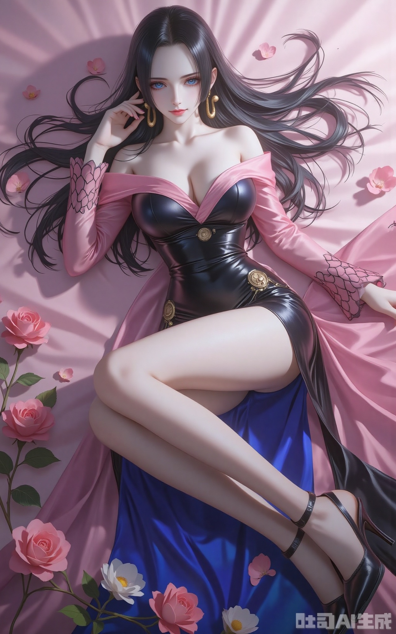 nvdi,
1girl, breasts, solo, blue eyes, high heels, long hair, dress, black hair, jewelry, boa hancock, earrings, looking at viewer, flower, large breasts, bare shoulders, black dress, rose, smile, pink flower, pink nails, off shoulder, closed mouth, lying, long sleeves, black footwear, side slit, forehead, collarbone, pink rose, nail polish, thighs,1
cover,simple background,gradient background,close-up details,outstanding style,adding a touch of dimension to your images without compromising details,close-up,lvjing