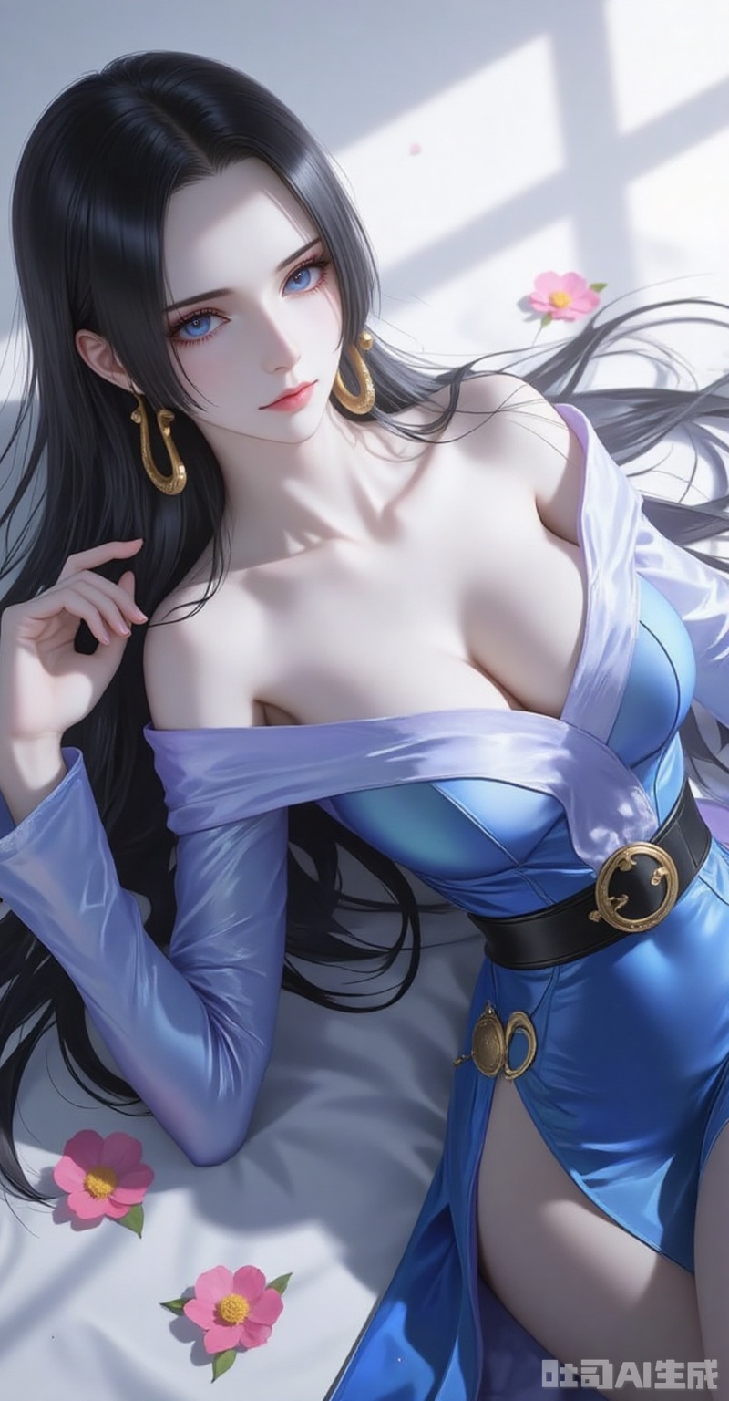 nvdi,boa hancock,black hair,long hair,blue eyes,jewelry,earrings,(shadow:1.2)
1girl, breasts, jewelry, black hair, long hair, dress, solo, earrings, flower, cleavage, boa hancock, lying, on side, bare shoulders, off shoulder, blue eyes, collarbone, dutch angle, large breasts, long sleeves, closed mouth, blue dress, looking to the side, feet out of frame, pink flower, off-shoulder dress, white background, covered navel, side slit,2,
cover,simple background,gradient background,close-up details,outstanding style,adding a touch of dimension to your images without compromising details,close-up,lvjing