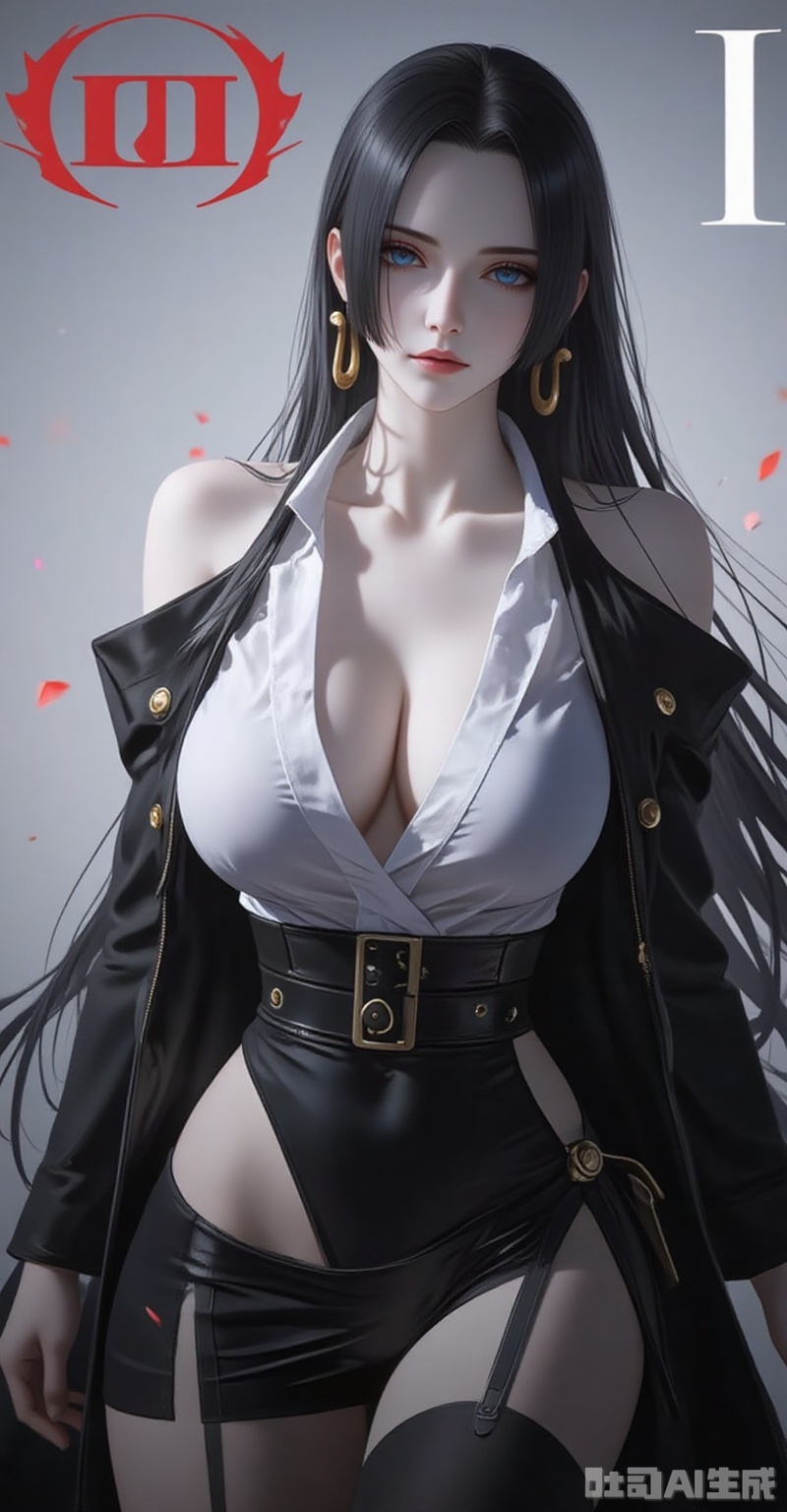 nvdi,boa hancock,black hair,long hair,blue eyes,jewelry,earrings,
white shirt,black jacket,pantyhose,asymmetrical legwear,bare shoulders,thigh boots black thighhighs,
cover,simple background,gradient background,close-up details,outstanding style,adding a touch of dimension to your images without compromising details,close-up,lvjing