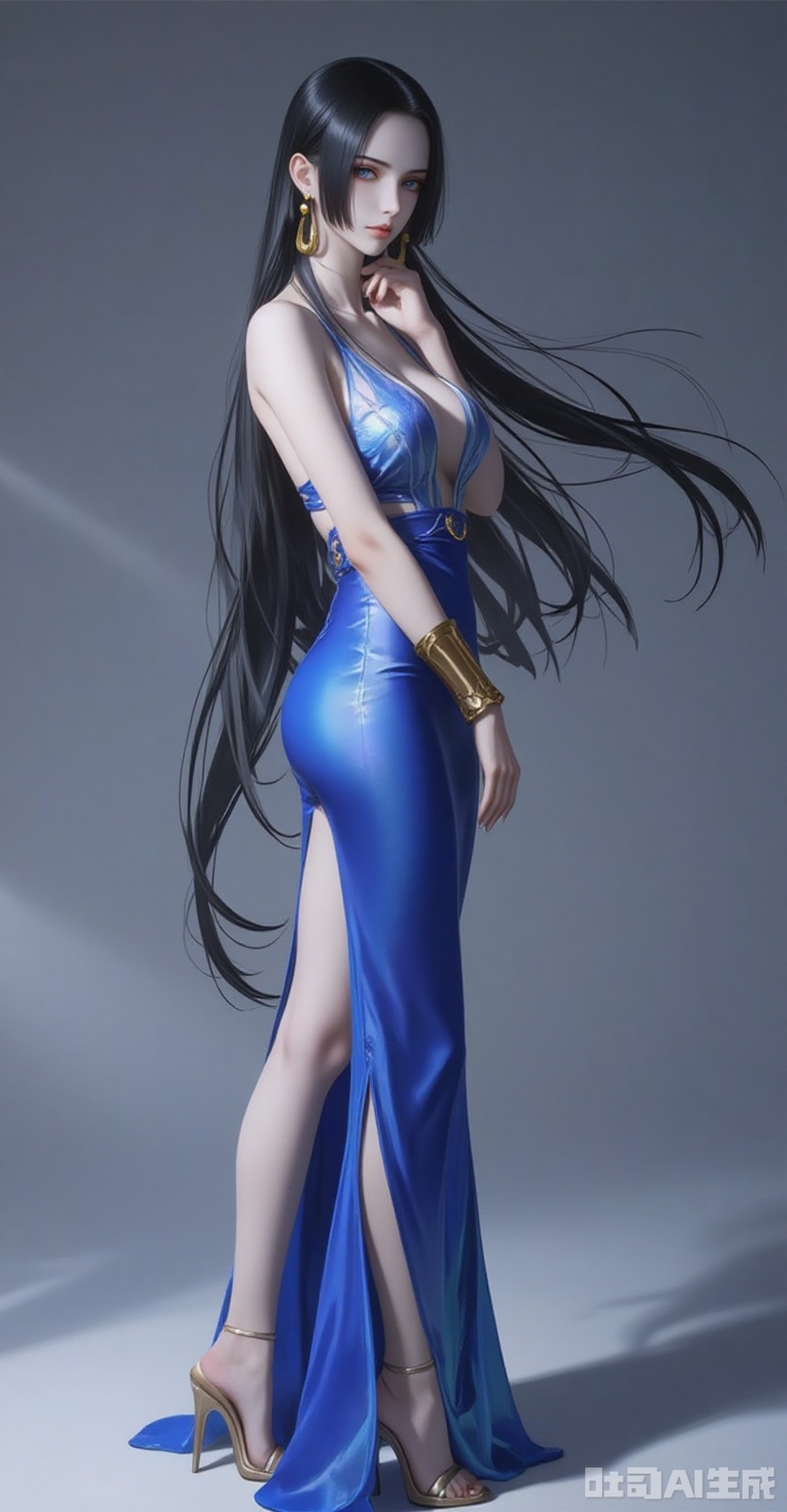 nvdi,boa hancock,black hair,long hair,blue eyes,jewelry,earrings,(shadow:1.2)
1girl,dress,solo,high heels,blue dress,jewelry,breasts,full body,earrings,backless dress,standing,from side,legs,backless outfit,bare shoulders,ass,looking at viewer,armlet,sandals,bare legs,side slit,
cover,simple background,gradient background,close-up details,outstanding style,adding a touch of dimension to your images without compromising details,close-up,lvjing