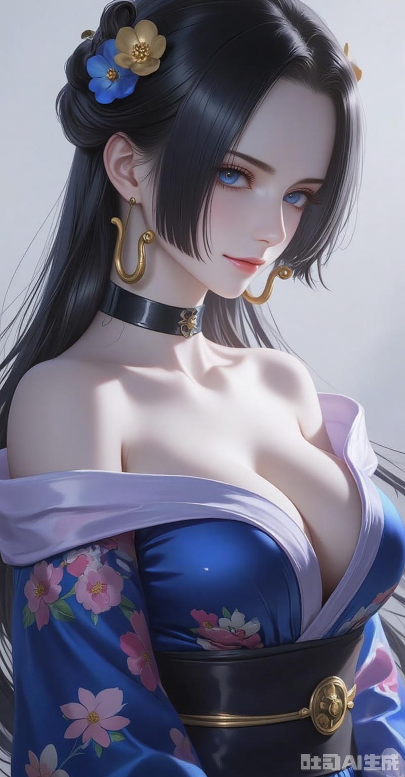 nvdi,boa hancock,black hair,long hair,blue eyes,jewelry,earrings,(shadow:1.2)
1girl,breasts,solo,japanese clothes,hair ornament,kimono,flower,hair flower,sash,blue kimono,large breasts,choker,looking at viewer,cleavage,bare shoulders,obi,off shoulder,earrings,smile,jewelry,floral print,closed mouth,makeup,from side,long sleeves,
cover,simple background,gradient background,close-up details,outstanding style,adding a touch of dimension to your images without compromising details,close-up,lvjing