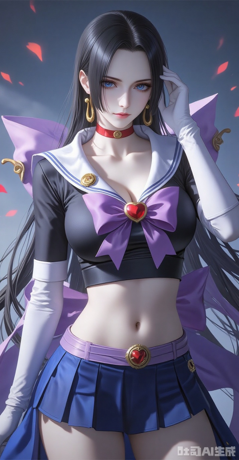 nvdi,boa hancock,black hair,long hair,blue eyes,jewelry,earrings,(shadow:1.2)
1girl,sailor senshi uniform,solo,jewelry,skirt,gloves,earrings,blue skirt,white gloves,sailor collar,bow,breasts,choker,elbow gloves,magical girl,back bow,covered navel,pleated skirt,looking at viewer,brooch,purple bow,heart brooch,red choker,miniskirt,closed mouth,large breasts,collarbone,red gemstone,tiara,cowboy shot,
cover,simple background,gradient background,close-up details,outstanding style,adding a touch of dimension to your images without compromising details,close-up,lvjing