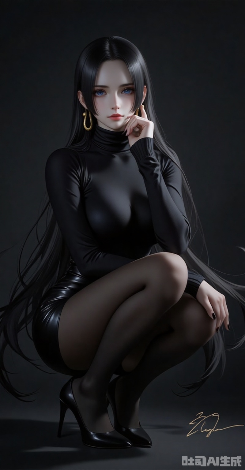 nvdi,boa hancock,black hair,long hair,blue eyes,jewelry,earrings,
1girl,solo,pantyhose,high heels,looking at viewer,black footwear,squatting,sweater,quad tails,full body,parted lips,black sweater,earrings,signature,black nails,long sleeves,parted bangs,jewelry,pencil skirt,skirt,bangs,turtleneck,nail polish,black pantyhose,dress,(Black background:1.2),simple background,
cover,simple background,gradient background,close-up details,outstanding style,adding a touch of dimension to your images without compromising details,close-up,lvjing