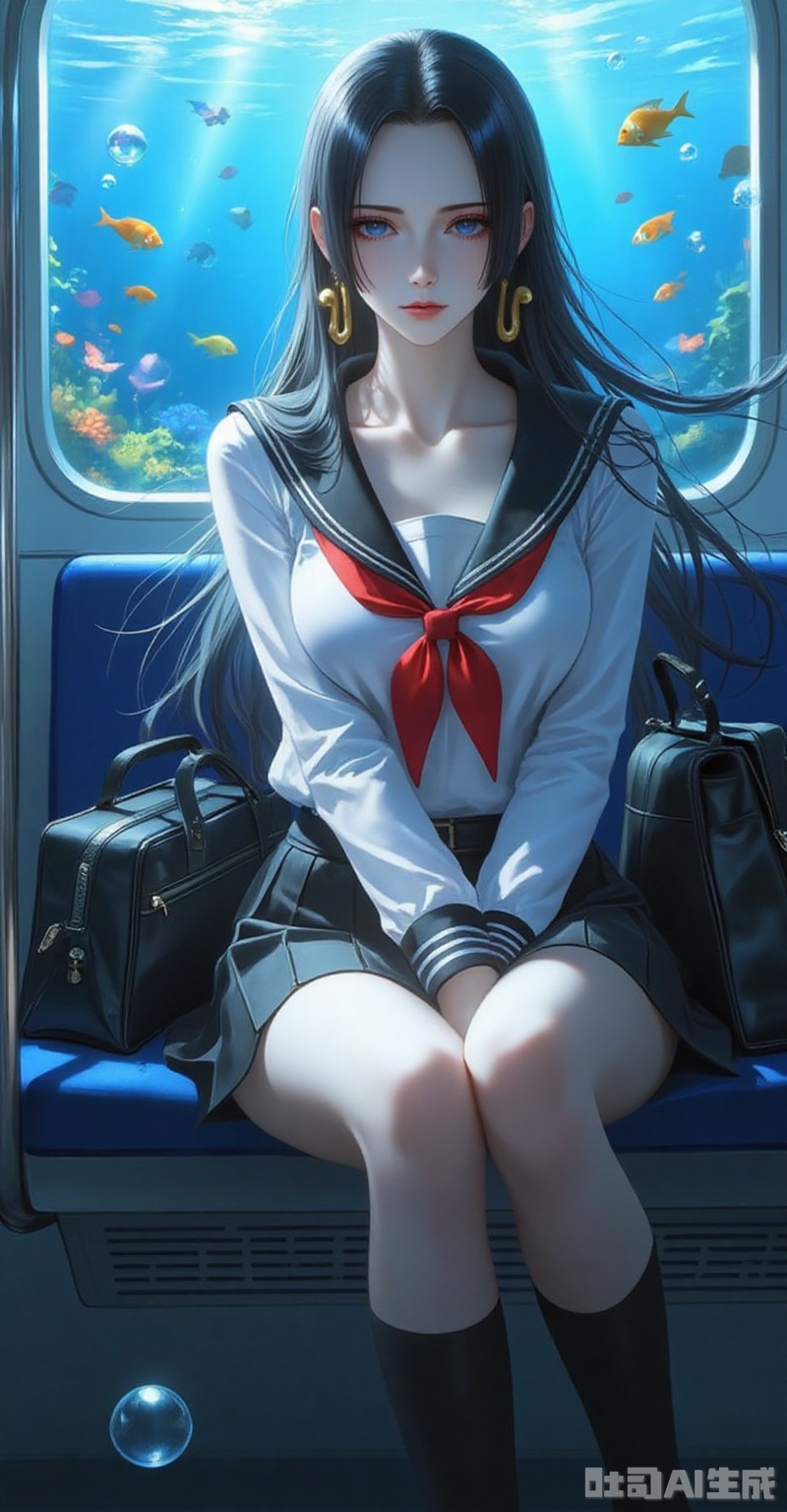 nvdi,boa hancock,black hair,long hair,blue eyes,jewelry,earrings,(shadow:1.2)
1girl, boa hancock, school uniform, black hair, earrings, long hair, blue eyes, fish, solo, skirt, serafuku, socks, jewelry, bag, black socks, sitting, bubble, train interior, red neckerchief, sailor collar, pleated skirt, neckerchief, long sleeves, white shirt, shirt, shoes, air bubble, underwater, full body, loafers, black skirt, tropical fish, black footwear, parted lips, breasts, school bag, hand between legs, between legs, collarbone, forehead, black sailor collar, kneehighs,8,
cover,simple background,gradient background,close-up details,outstanding style,adding a touch of dimension to your images without compromising details,close-up,lvjing