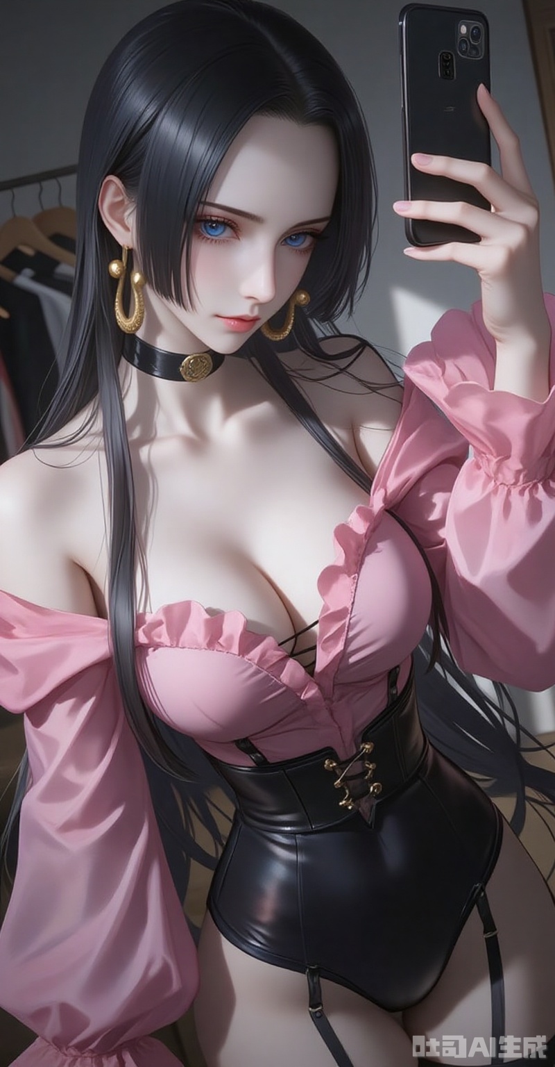 nvdi,boa hancock,black hair,long hair,blue eyes,jewelry,earrings,(shadow:1.2)
1girl,breasts,jewelry,phone,earrings,thighhighs,choker,solo,cleavage,cellphone,black choker,holding phone,bare shoulders,holding,smartphone,shirt,garter straps,black thighhighs,off-shoulder shirt,leotard,frills,selfie,collarbone,off shoulder,pink shirt,long sleeves,cross-laced clothes,standing,clothes hanger,closed mouth,cowboy shot,high-waist shorts,thighs,indoors,large breasts,see-through,shorts,medium breasts,
cover,simple background,gradient background,close-up details,outstanding style,adding a touch of dimension to your images without compromising details,close-up,lvjing