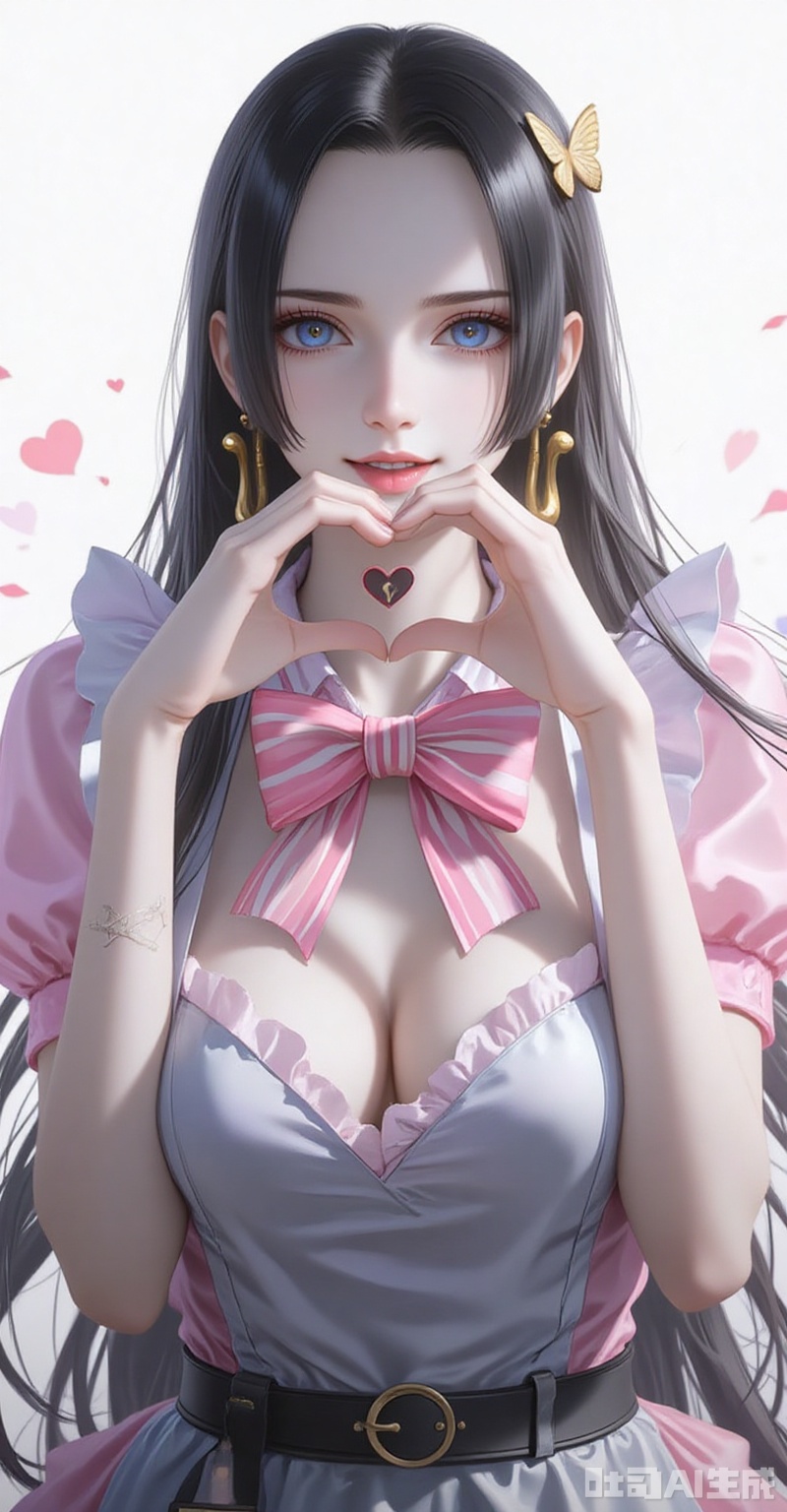 nvdi,boa hancock,black hair,long hair,blue eyes,jewelry,earrings,
1girl,solo,bandaid on hand,butterfly hair ornament,heart,long hair,apron,open mouth,pink bowtie,hair ornament,white background,pink bow,short sleeves,dress,simple background,bow,striped bow,hair between eyes,bandaid,shadow,puffy sleeves,frills,puffy short sleeves,heart hands,bowtie,hands up,grey apron,smile,looking at viewer,striped bowtie,symbol-shaped pupils,heart-shaped pupils,symbol in eye,tongue,grey bow,
cover,simple background,gradient background,close-up details,outstanding style,adding a touch of dimension to your images without compromising details,close-up,lvjing