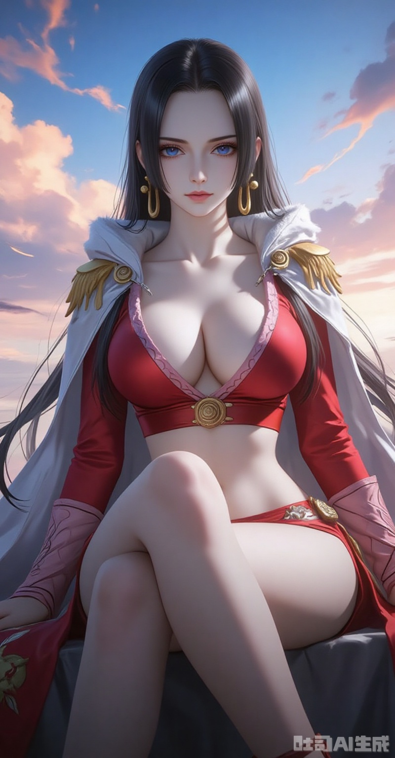 nvdi,boa hancock,black hair,long hair,blue eyes,jewelry,earrings,(shadow:1.2)
1girl, breasts, boa hancock, crop top, long hair, navel, blue eyes, jewelry, sitting, black hair, midriff, earrings, solo, crossed legs, cleavage, looking at viewer, large breasts, collarbone, long sleeves, stomach, sky, skirt, red footwear, closed mouth, cape, cloud, white cape, forehead, red skirt, thighs, bare legs, blue sky, feet out of frame, very long hair,22,
cover,simple background,gradient background,close-up details,outstanding style,adding a touch of dimension to your images without compromising details,close-up,lvjing