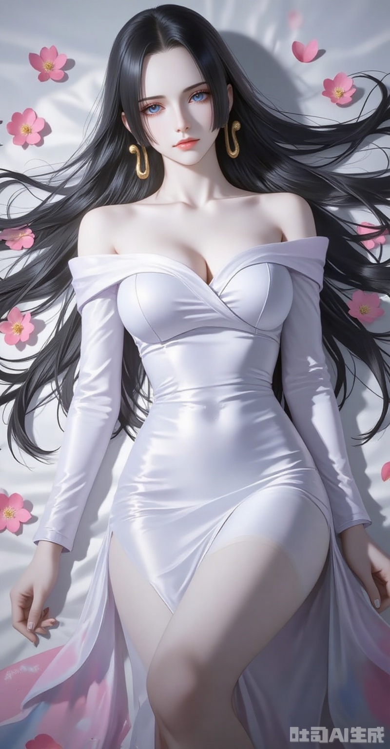 nvdi,boa hancock,black hair,long hair,blue eyes,jewelry,earrings,(shadow:1.2)
1girl, dress, long hair, solo, black hair, breasts, jewelry, white dress, earrings, boa hancock, lying, flower, bare shoulders, looking at viewer, cleavage, off-shoulder dress, blue eyes, pink flower, long sleeves, on back, off shoulder, collarbone, medium breasts, very long hair, feet out of frame, closed mouth, character name, petals,3,
cover,simple background,gradient background,close-up details,outstanding style,adding a touch of dimension to your images without compromising details,close-up,lvjing
