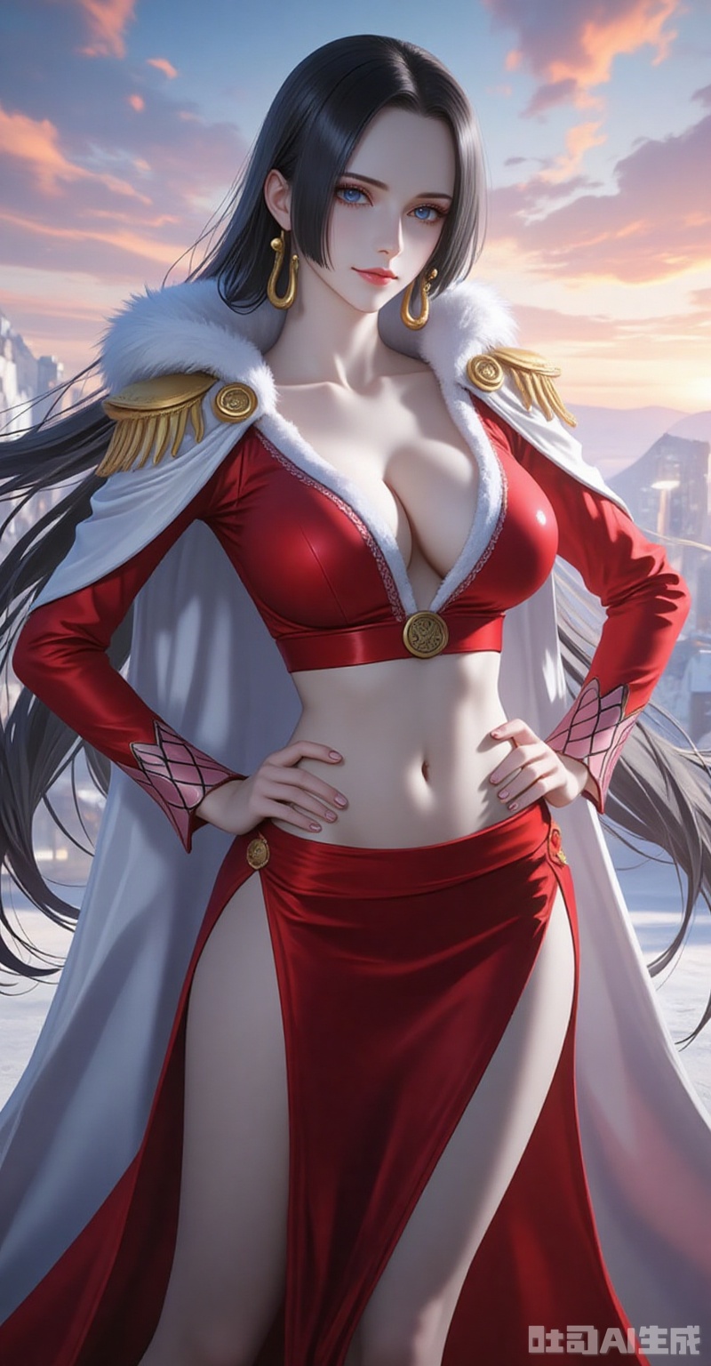 nvdi,
1girl, breasts, boa hancock, long hair, blue eyes, crop top, jewelry, black hair, navel, solo, hands on own hips, cleavage, midriff, earrings, looking at viewer, cape, skirt, red skirt, large breasts, collarbone, closed mouth, long sleeves, red footwear, forehead, white cape, high heels, smile, full body, floating hair, stomach, side slit, sky, fur trim, standing, very long hair,20,
cover,simple background,gradient background,close-up details,outstanding style,adding a touch of dimension to your images without compromising details,close-up,lvjing