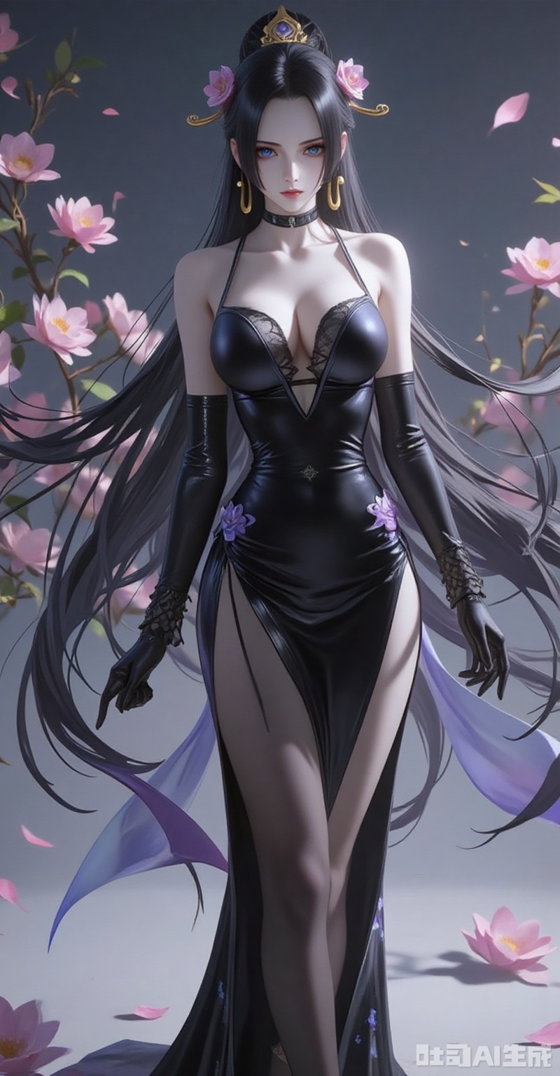 nvdi,boa hancock,black hair,long hair,blue eyes,jewelry,earrings,(shadow:1.2)
1girl,breasts,solo,dress,gloves,large breasts,black dress,elbow gloves,full body,chinese clothes,black footwear,flower,bare shoulders,china dress,looking at viewer,official alternate costume,hair flower,high heels,standing,hair ornament,pelvic curtain,bodystocking,black gloves,cleavage,see-through,mole,lace-trimmed gloves,
cover,simple background,gradient background,close-up details,outstanding style,adding a touch of dimension to your images without compromising details,close-up,lvjing