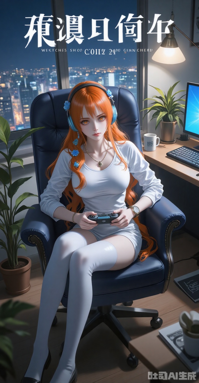1girl, headphones, plant, thighhighs, orange hair, long hair, potted plant, sitting, nami \(one piece\), solo, chair, indoors, cup, controller, holding, orange eyes, braid, lamp, white thighhighs, white shirt, looking at viewer, mug, shirt, flower, window, night, full body, jewelry, book, coffee mug, on chair, hair flower, hair ornament, watch, breasts, long sleeves, no shoes, wristwatch, swivel chair, closed mouth, sidelocks, computer, necklace, braided ponytail, very long hair, keyboard \(computer\), game controller, monitor, armchair, legs, shorts, cityscape, single braid, medium breasts,
cover,simple background,gradient background,close-up details,outstanding style,adding a touch of dimension to your images without compromising details,close-up,lvjing