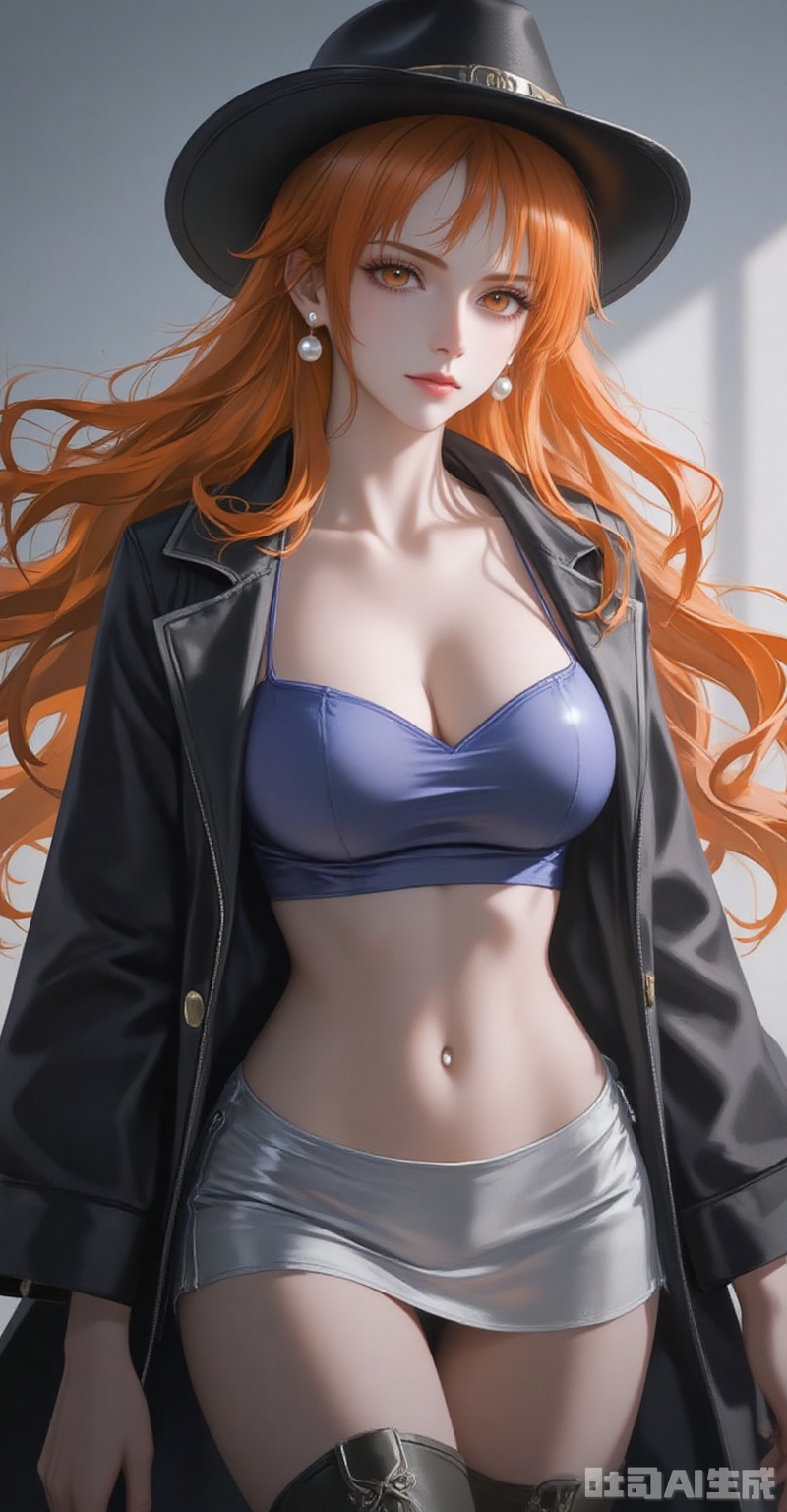 1girl,solo,cowboy hat,breasts,hat,midriff,skirt,miniskirt,boots,large breasts,crop top,coat,cleavage,navel,cowboy western,,
cover,simple background,gradient background,close-up details,outstanding style,adding a touch of dimension to your images without compromising details,close-up,lvjing,
nami \(one piece\), orange hair,orange eyes,fair_skin,jewelry,pearl_earrings,long hair,wavy hair,very long hair,