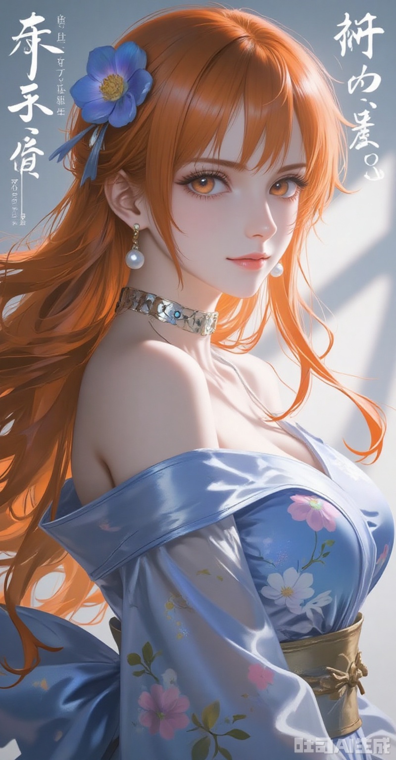 1girl,breasts,solo,japanese clothes,hair ornament,kimono,flower,hair flower,sash,blue kimono,large breasts,choker,looking at viewer,cleavage,bare shoulders,obi,off shoulder,earrings,smile,jewelry,floral print,closed mouth,makeup,from side,long sleeves,
cover,simple background,gradient background,close-up details,outstanding style,adding a touch of dimension to your images without compromising details,close-up,lvjing,
nami \(one piece\), orange hair,orange eyes,fair_skin,jewelry,pearl_earrings,long hair,wavy hair,very long hair,