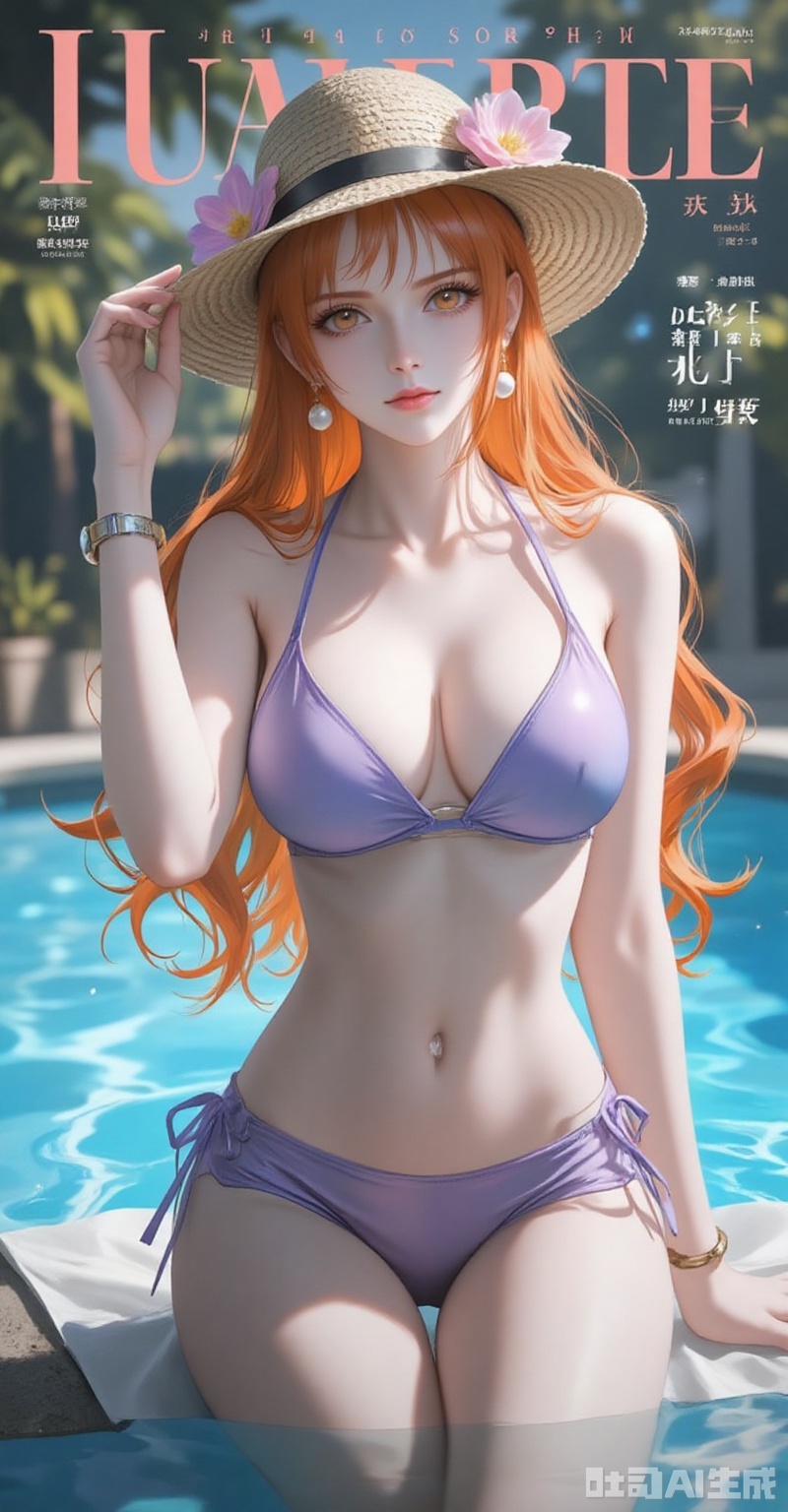 1girl,hat,jewelry,breasts,solo,innertube,bracelet,flower,shorts,earrings,pool,looking at viewer,swimsuit,water,bikini,blurry,sun hat,hat flower,navel,sitting,blurry background,cleavage,collarbone,medium breasts,lips,purple bikini,outdoors,straw hat,bare shoulders,nail polish,
cover,simple background,gradient background,close-up details,outstanding style,adding a touch of dimension to your images without compromising details,close-up,lvjing,
nami \(one piece\), orange hair,orange eyes,fair_skin,jewelry,pearl_earrings,long hair,wavy hair,very long hair,