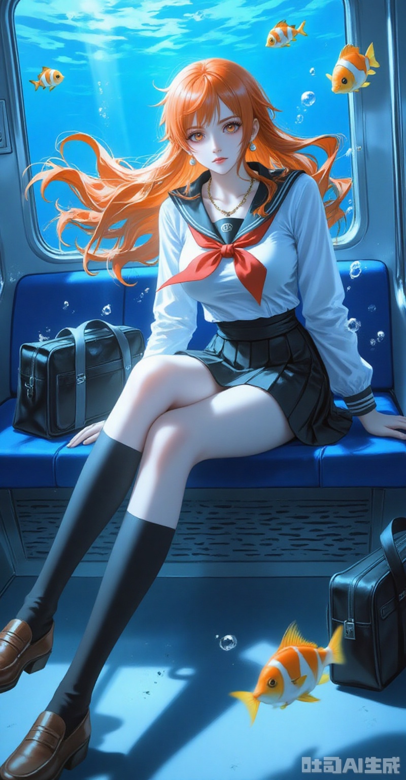 1girl, orange hair, school uniform, socks, nami \(one piece\), skirt, solo, serafuku, long hair, pleated skirt, bag, sitting, train interior, orange eyes, sailor collar, fish, black socks, loafers, long sleeves, neckerchief, shirt, shoes, jewelry, bubble, full body, red neckerchief, black skirt, white shirt, earrings, holding, breasts, underwater, brown footwear, school bag, closed mouth, kneehighs, floating hair, tropical fish, necklace, air bubble,
cover,simple background,gradient background,close-up details,outstanding style,adding a touch of dimension to your images without compromising details,close-up,lvjing