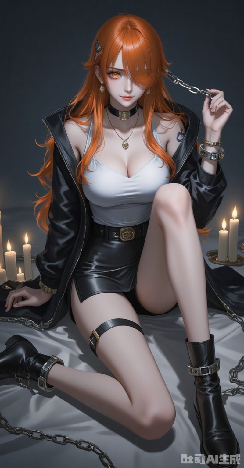 nami \(one piece\), orange hair, breasts, skirt, orange eyes, jewelry, long hair, cleavage, sitting, chain, jacket, miniskirt, 1girl, wariza, black jacket, shadow, choker, shirt, black skirt, candle, looking at viewer, earrings, thigh strap, hair over one eye, white shirt, belt, off shoulder, black footwear, black choker, tattoo, holding chain, cuffs, chained, hair ornament, glowing eyes, boots, open jacket, glowing, necklace, open clothes, smile, holding, shackles, large breasts, hairclip, pencil skirt, long sleeves, on floor, grin, side slit, high heels, full body, teeth, closed mouth,
cover,simple background,gradient background,close-up details,outstanding style,adding a touch of dimension to your images without compromising details,close-up,lvjing