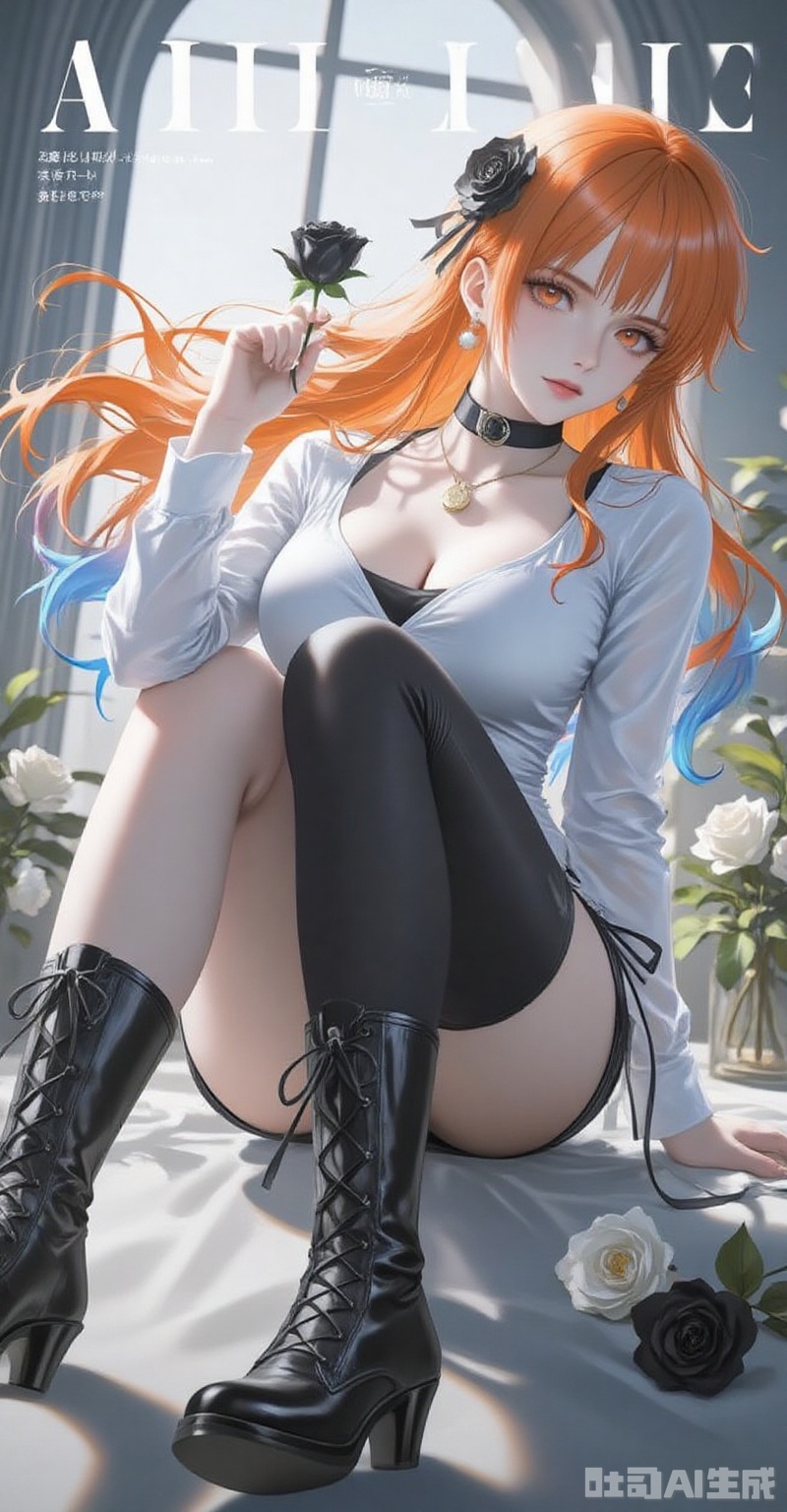 1girl, flower, jewelry, solo, orange hair, breasts, holding flower, thighhighs, long hair, sitting, hair ornament, earrings, hair flower, nami \(one piece\), rose, shorts, black thighhighs, holding, crossed legs, shirt, boots, orange eyes, black shorts, long sleeves, black footwear, white shirt, looking at viewer, window, high heels, indoors, floating hair, choker, necklace, black ribbon, black flower, high heel boots, short shorts, ribbon, full body, white flower, arm support, cross-laced footwear, black choker, pendant, large breasts, black rose, white rose, hand up, multicolored hair, gradient hair, cleavage, sunlight, blue hair, lace-up boots, cross-laced clothes,
cover,simple background,gradient background,close-up details,outstanding style,adding a touch of dimension to your images without compromising details,close-up,lvjing