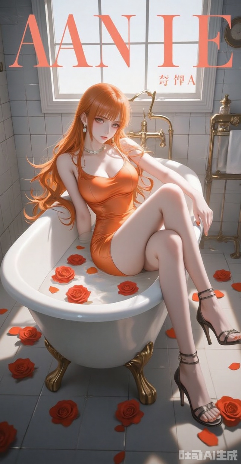 1girl, bathtub, solo, orange hair, nami \(one piece\), orange eyes, dress, high heels, long hair, rose, flower, breasts, jewelry, claw foot bathtub, indoors, tiles, looking at viewer, earrings, sandals, strappy heels, red flower, water, petals, full body, toenails, orange dress, red rose, legs, toes, partially submerged, collarbone, tile wall, rose petals, closed mouth, bare shoulders, tile floor, bath, bathroom, toenail polish, window, cleavage, orange nails, feet, bare arms, short dress,
cover,simple background,gradient background,close-up details,outstanding style,adding a touch of dimension to your images without compromising details,close-up,lvjing
