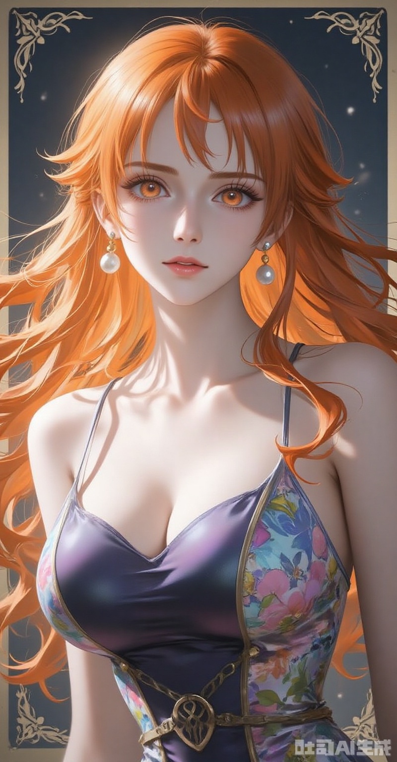 1girl,solo,earrings,jewelry,looking at viewer,breasts,tarot,collarbone,upper body,dress,closed mouth,card \(medium\),tarot \(medium\),frills,border,
cover,simple background,gradient background,close-up details,outstanding style,adding a touch of dimension to your images without compromising details,close-up,lvjing,
nami \(one piece\), orange hair,orange eyes,fair_skin,jewelry,pearl_earrings,long hair,wavy hair,very long hair,