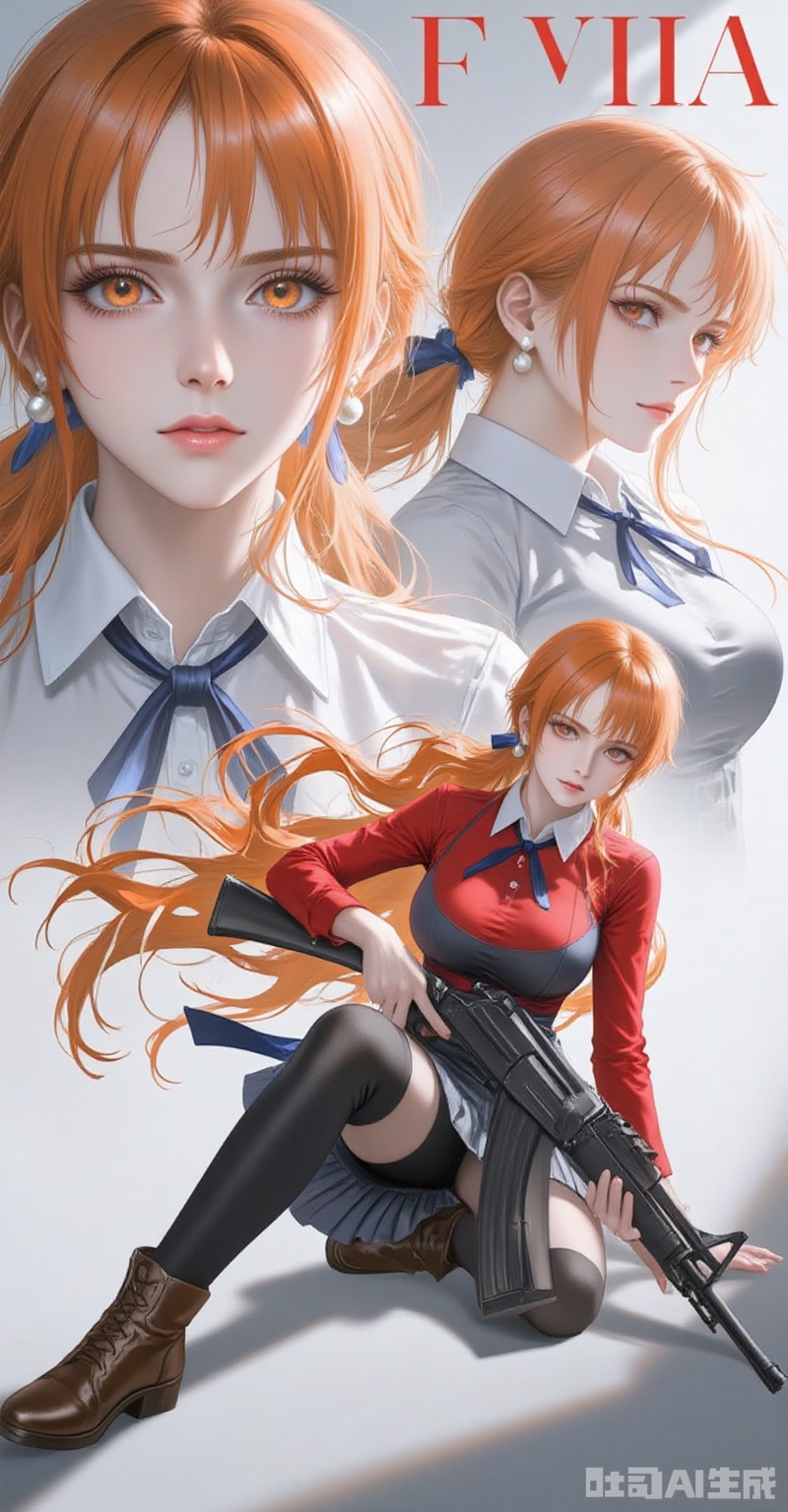 lycoris uniform, orange hair, weapon, on one knee, 1girl, blue ribbon, gun, ribbon, long hair, nami \(one piece\), belt, neck ribbon, holding weapon, brown footwear, two-tone dress, breasts, pleated dress, earrings, shirt, socks, holding gun, jewelry, orange eyes, dress, holding, large breasts, looking at viewer, ponytail, cosplay, collared shirt, grey dress, hair ribbon, black socks, pearl earrings, rifle, parted lips, sidelocks, multiple views, red dress, skirt, long sleeves, white shirt, assault rifle, pleated skirt,
cover,simple background,gradient background,close-up details,outstanding style,adding a touch of dimension to your images without compromising details,close-up,lvjing