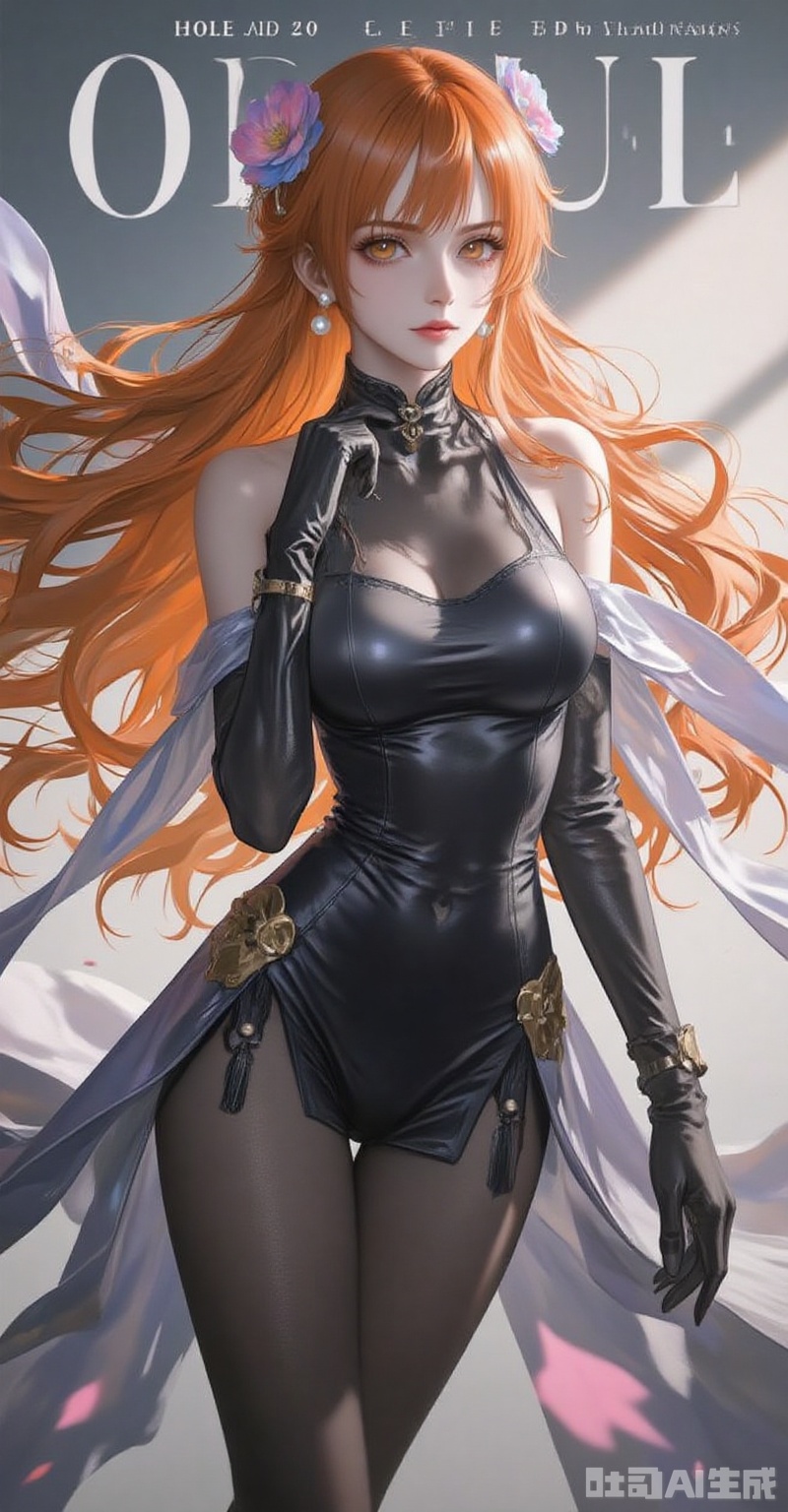 1girl,breasts,solo,dress,gloves,large breasts,black dress,elbow gloves,full body,chinese clothes,black footwear,flower,bare shoulders,china dress,looking at viewer,official alternate costume,hair flower,high heels,standing,hair ornament,pelvic curtain,bodystocking,black gloves,cleavage,see-through,mole,lace-trimmed gloves,
cover,simple background,gradient background,close-up details,outstanding style,adding a touch of dimension to your images without compromising details,close-up,lvjing,
nami \(one piece\), orange hair,orange eyes,fair_skin,jewelry,pearl_earrings,long hair,wavy hair,very long hair,