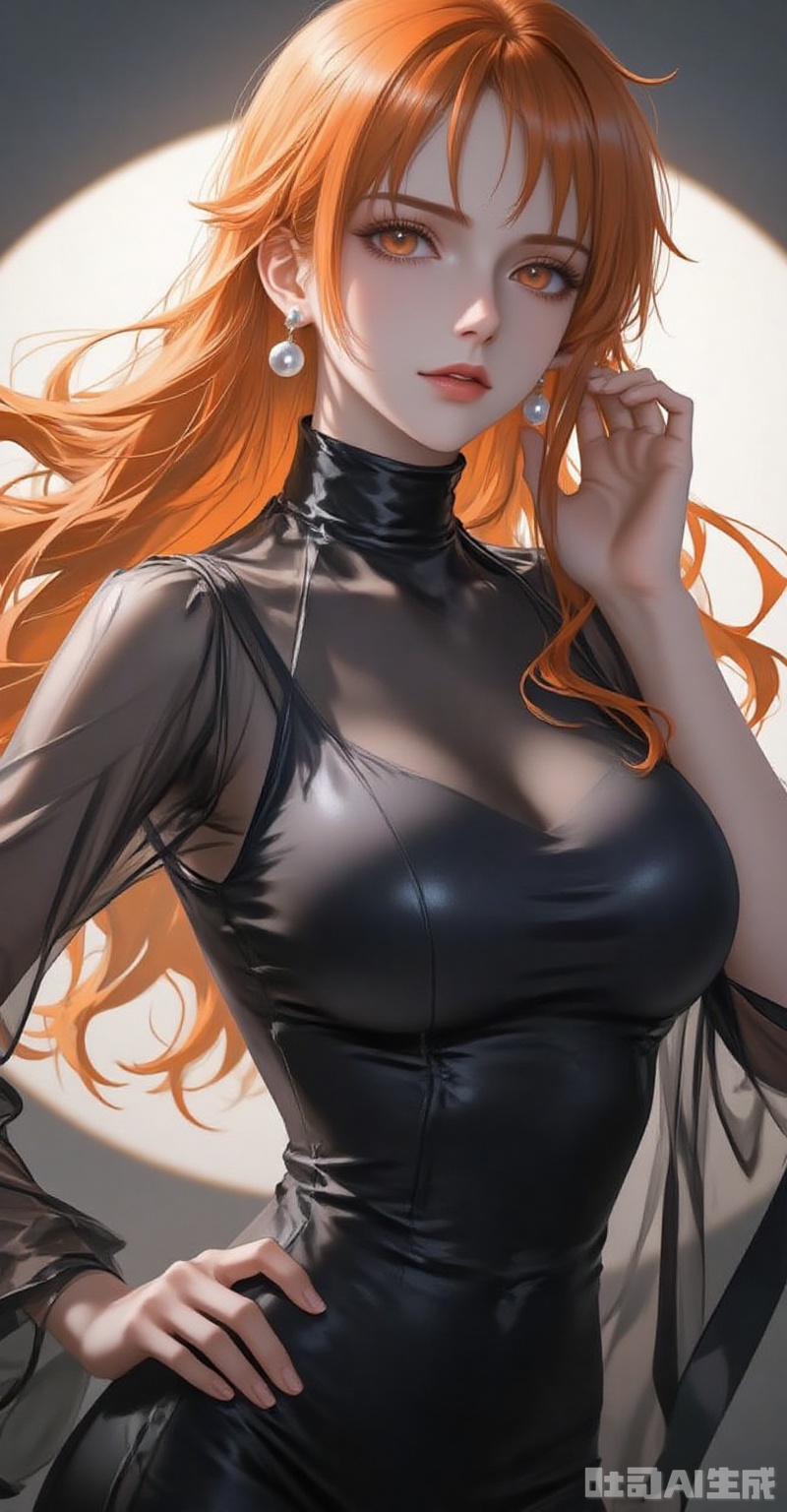 1girl,solo,jewelry,earrings,see-through,dress,upper body,black dress,hand on own hip,breasts,see-through sleeves, 
cover,simple background,gradient background,close-up details,outstanding style,adding a touch of dimension to your images without compromising details,close-up,lvjing,
nami \(one piece\), orange hair,orange eyes,fair_skin,jewelry,pearl_earrings,long hair,wavy hair,very long hair,