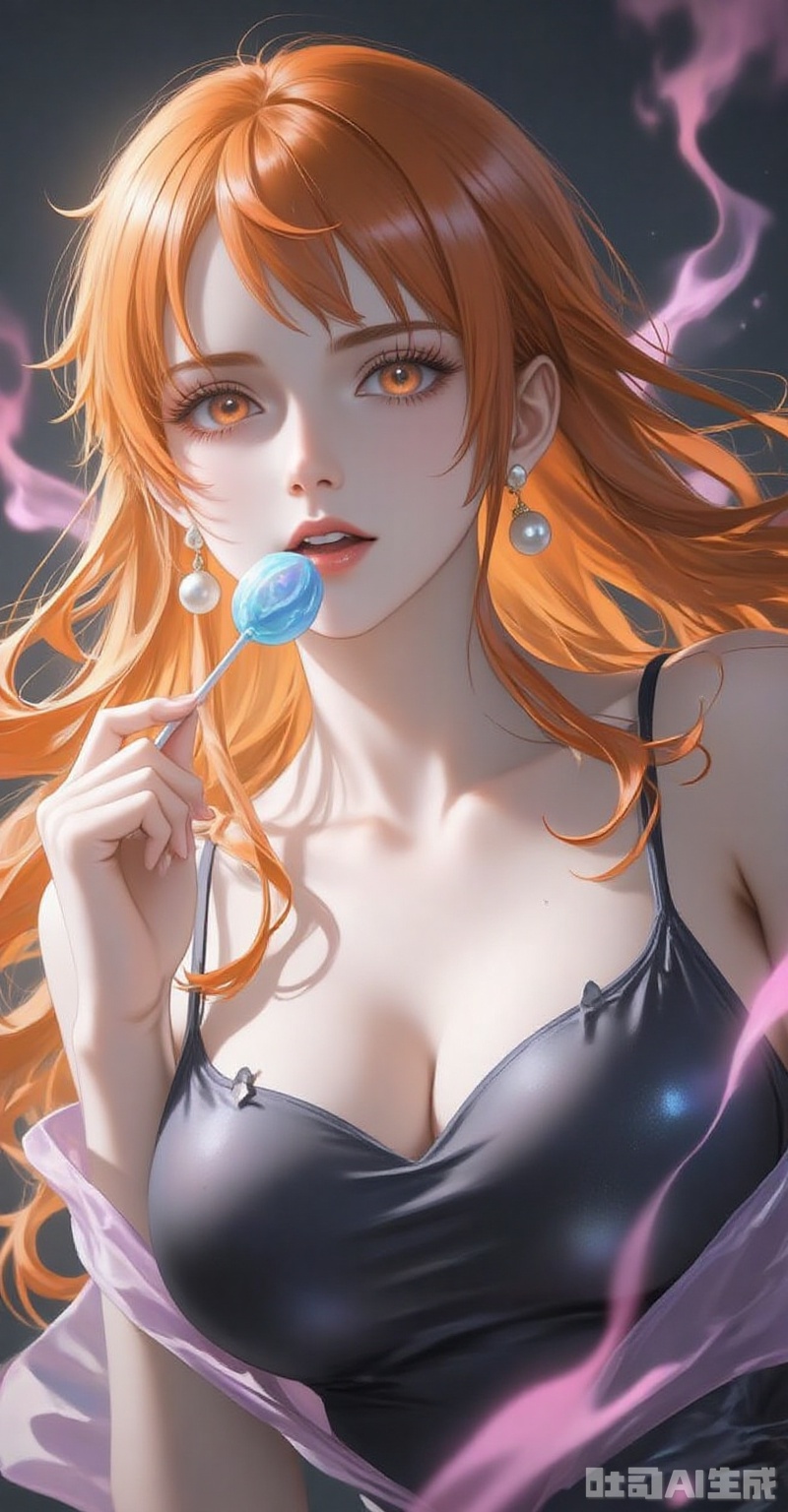 1girl, nami \(one piece\), orange hair, solo, earrings, tattoo, jewelry, looking at viewer, orange eyes, long hair, candy, lollipop, open mouth, holding, food, shoulder tattoo, holding candy, breasts, upper body, holding lollipop, holding food, bare shoulders, floating hair, smoke, cleavage, teeth, ahoge, sleeveless, glowing, pearl earrings,
cover,simple background,gradient background,close-up details,outstanding style,adding a touch of dimension to your images without compromising details,close-up,lvjing